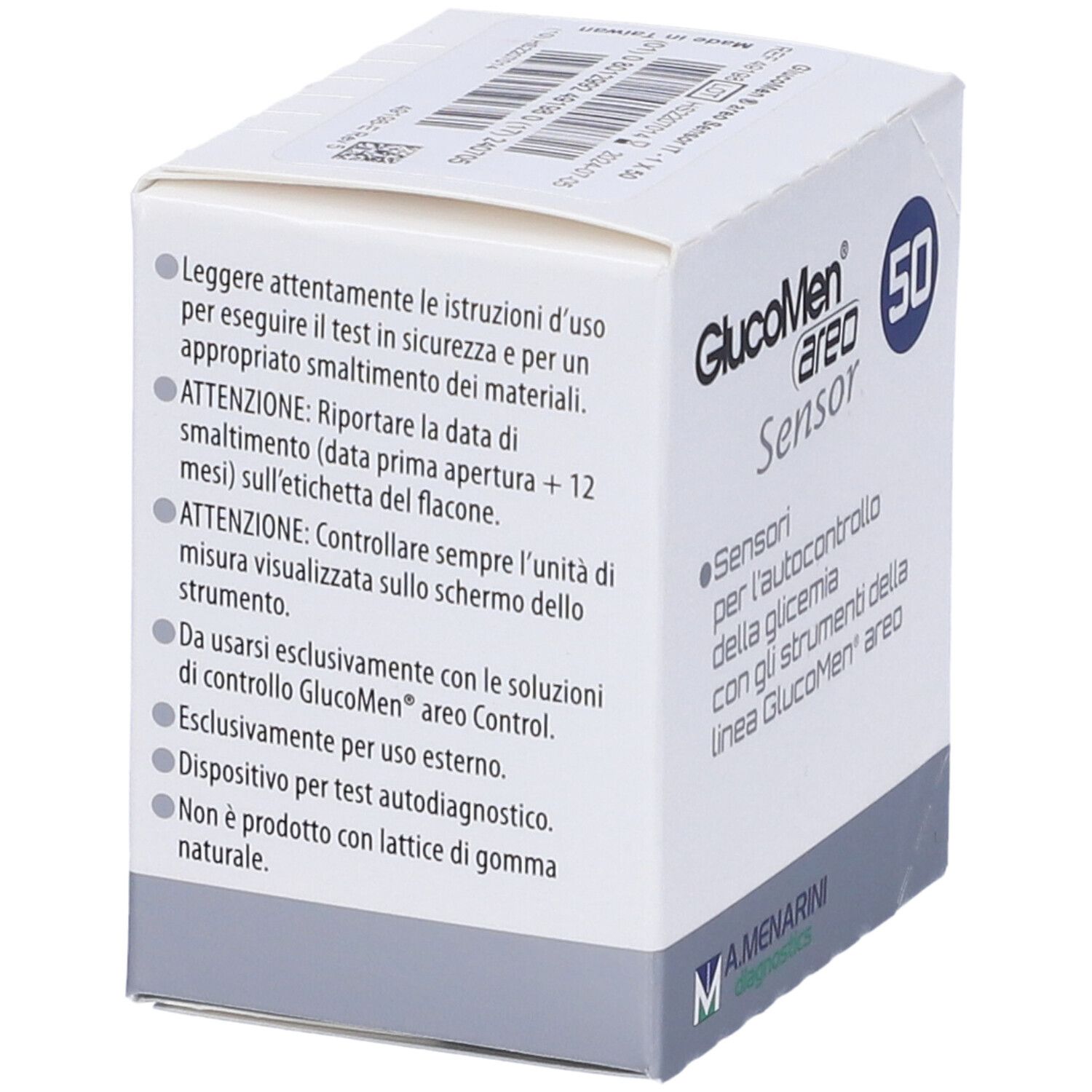 Scatola di GlucoMen® areo Sensor. Testo sulle istruzioni per l'uso, la durata e le informazioni del produttore. Logo A. Menarini.