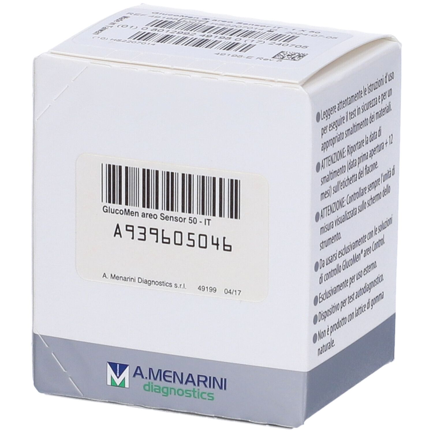 Scatola di GlucoMen® areo Sensor. Retro con informazioni sul prodotto, A939605046, logo A. Menarini Diagnostics.