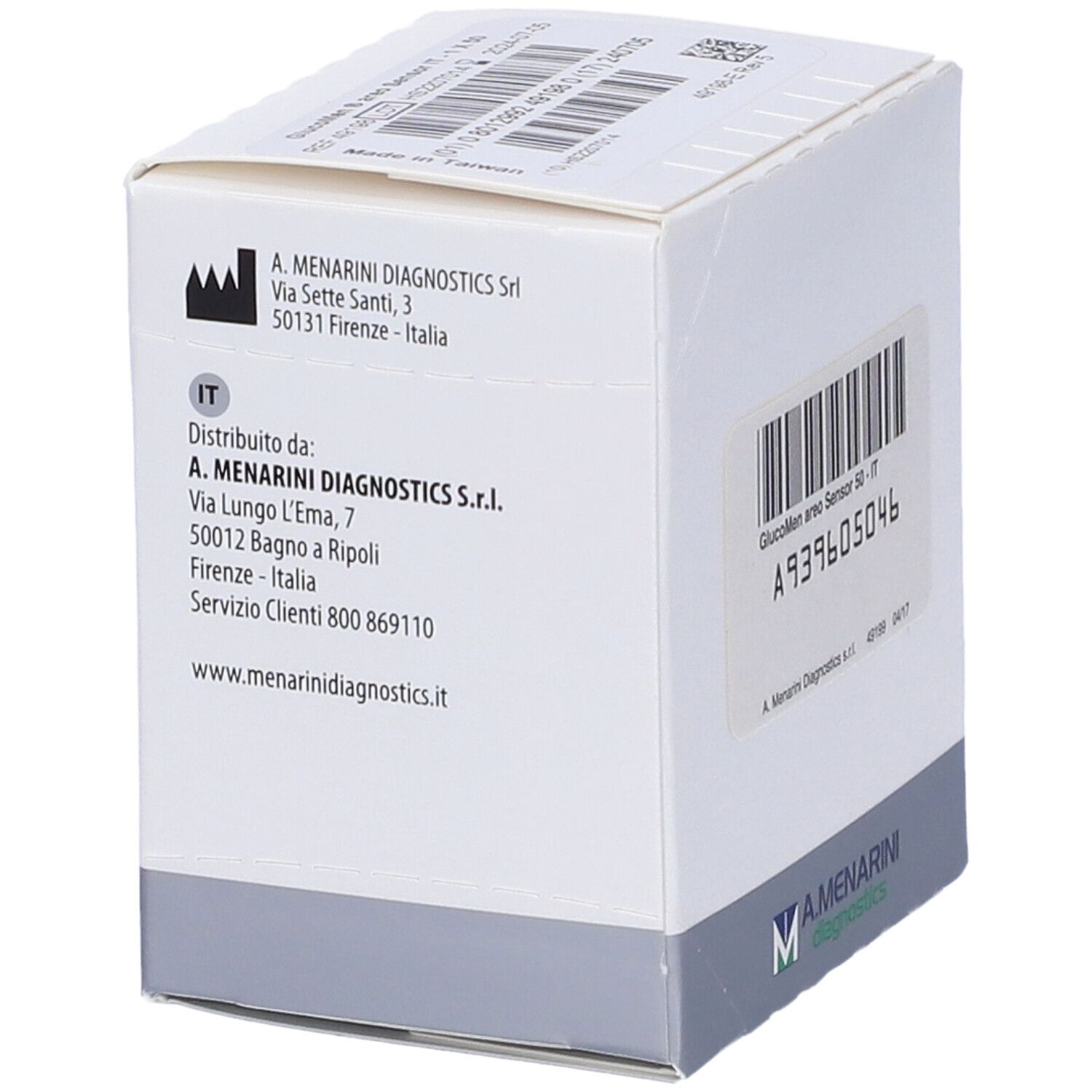 Scatola di GlucoMen® areo Sensor. Lato con informazioni sul produttore e distributore. Logo A. Menarini Diagnostics.