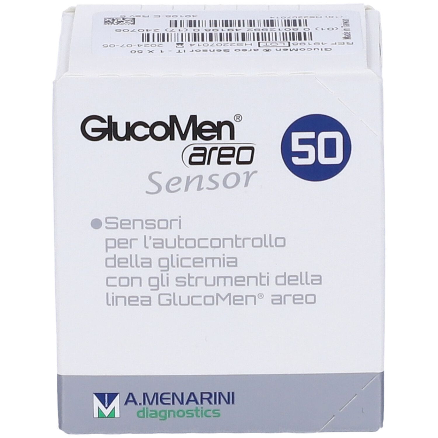 Confezione di GlucoMen® areo Sensor. Scatola bianca con nome del prodotto, indicazione 50 e logo A. Menarini Diagnostics.
