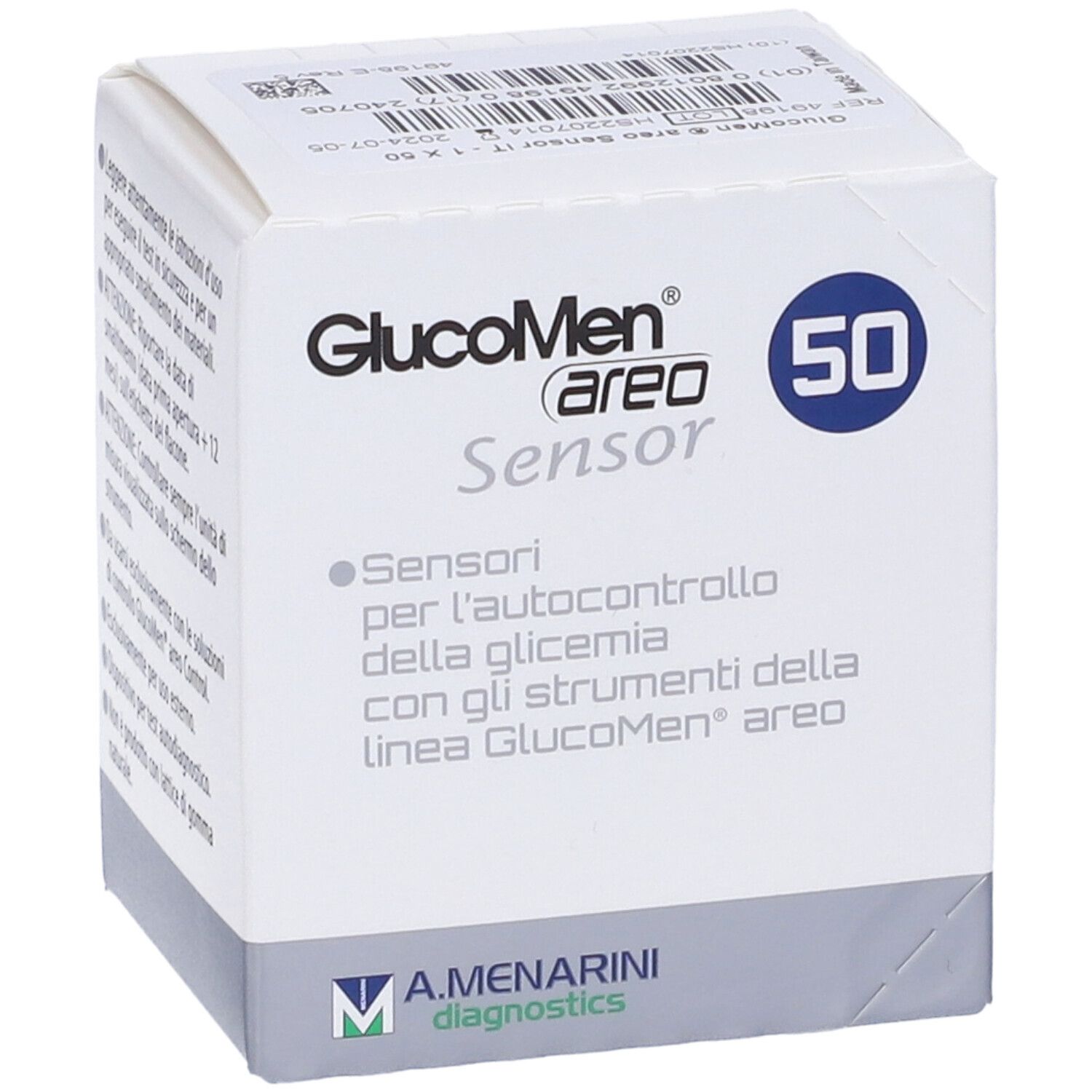 Confezione di GlucoMen® areo Sensor. Scatola bianca con nome del prodotto, indicazione 50 e logo A. Menarini Diagnostics.