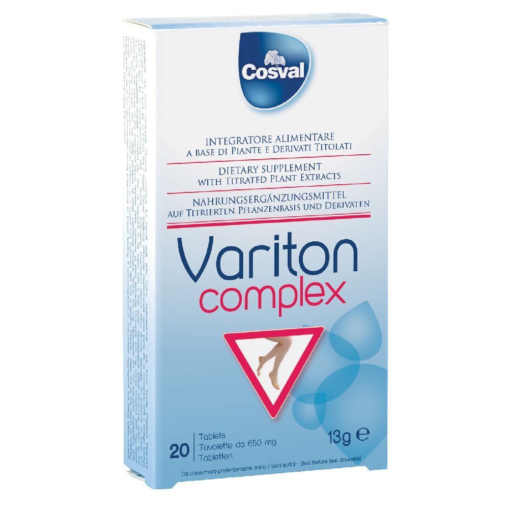 Scatola di Variton Complex 20 compresse. Scritta: Cosval, integratore alimentare. Immagine di gambe in un triangolo rosso.