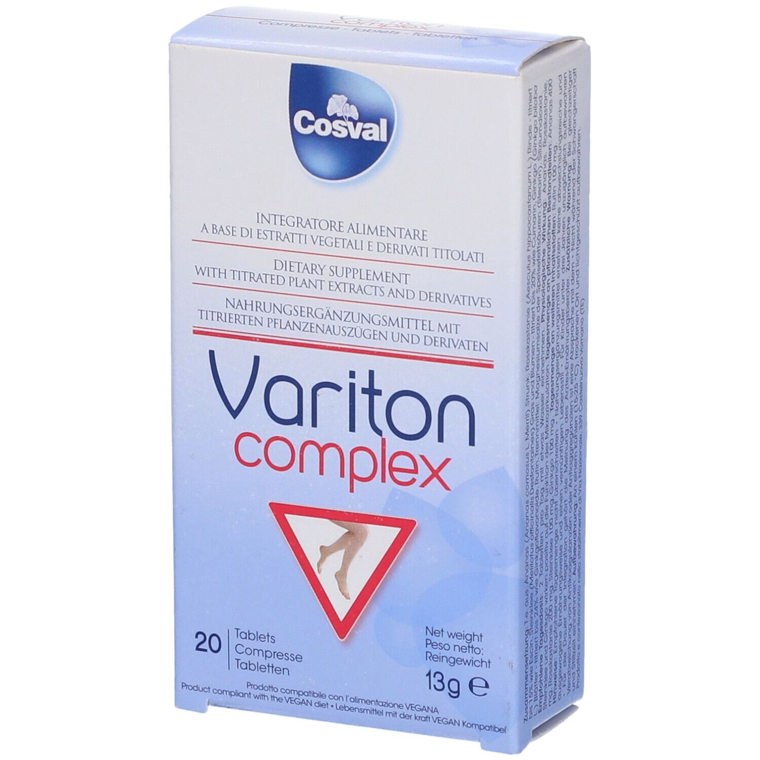 Scatola di Variton Complex 20 compresse. Scritta: Cosval, integratore alimentare. Immagine di gambe in un triangolo rosso.
