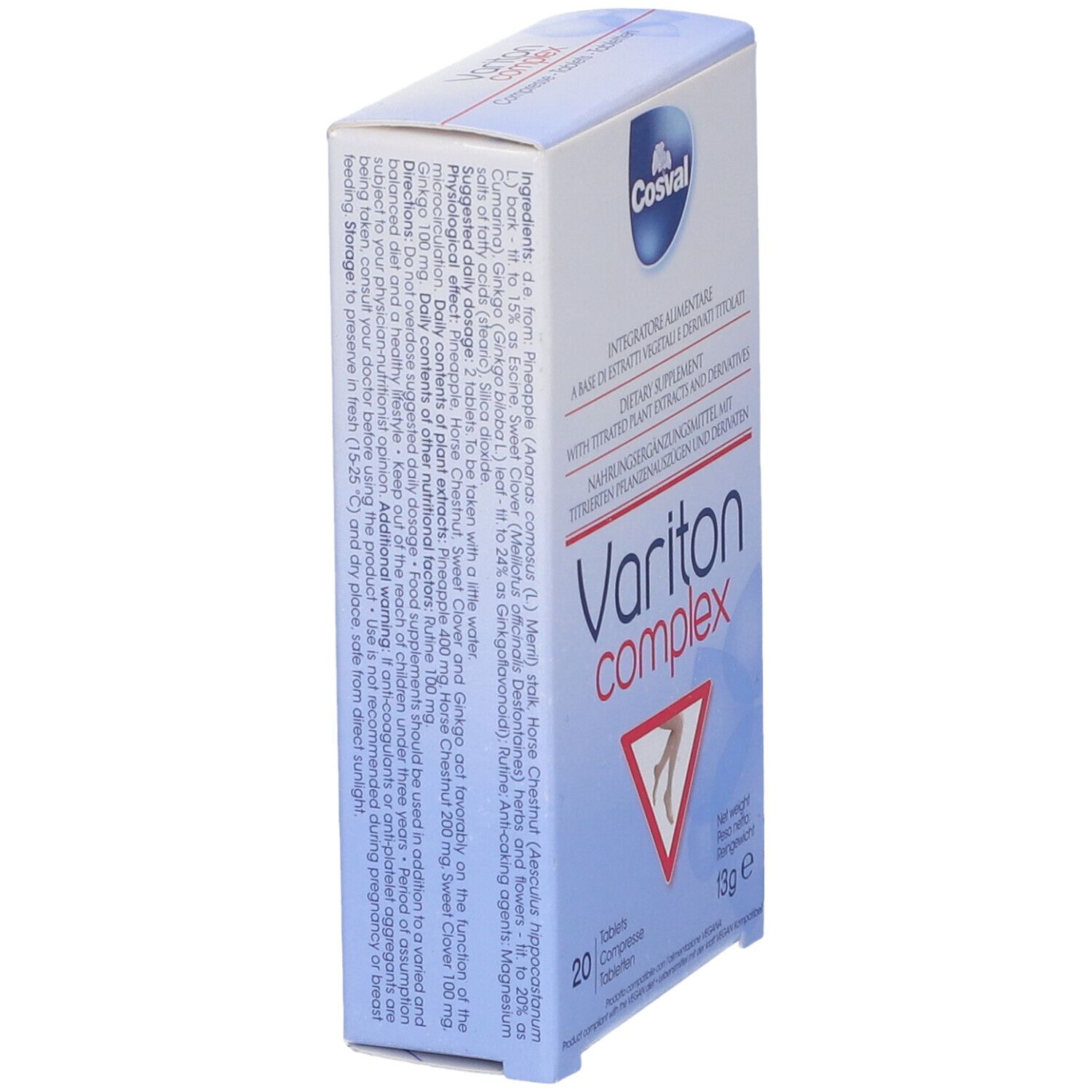 Scatola di Variton Complex 20 compresse. Scritta: Cosval, integratore alimentare. Immagine di gambe in un triangolo rosso.