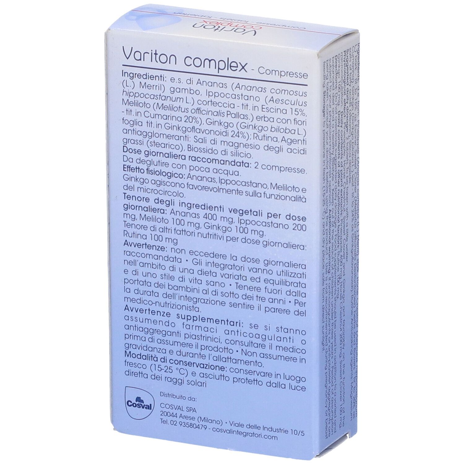 Scatola di Variton Complex 20 compresse. Scritta: Cosval, integratore alimentare. Retro con informazioni sugli ingredienti.