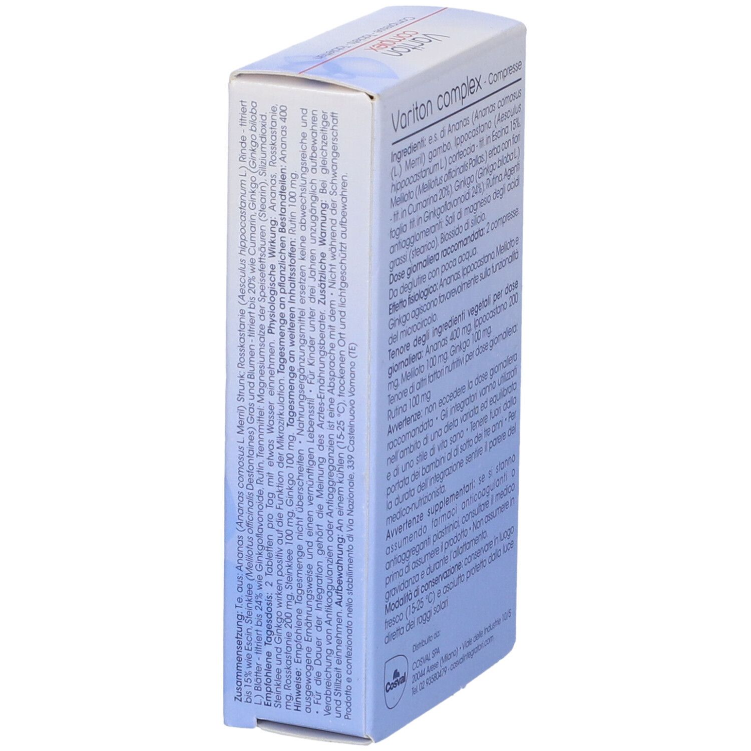 Scatola di Variton Complex 20 compresse. Scritta: Cosval, integratore alimentare. Lato con informazioni sugli ingredienti.