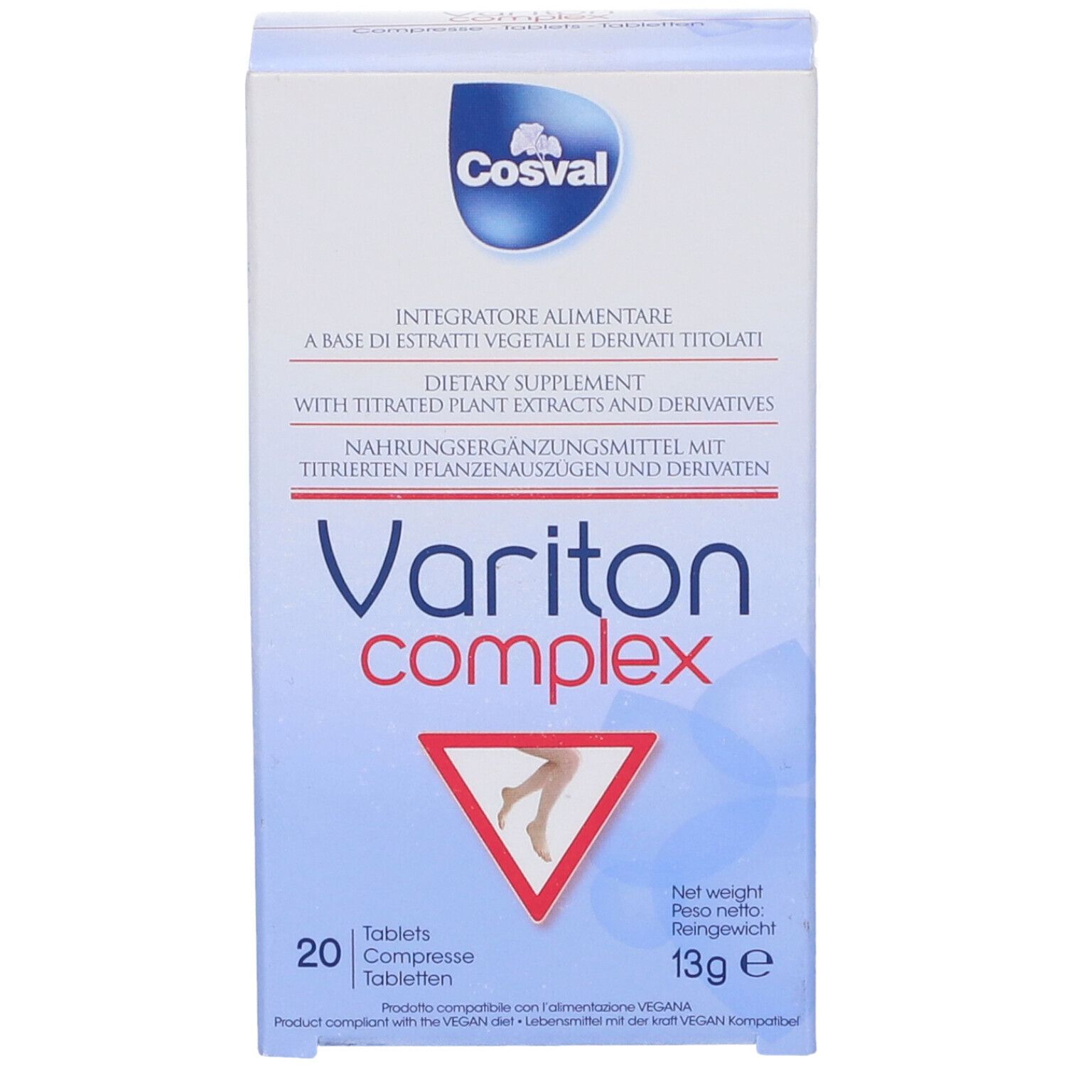 Scatola di Variton Complex 20 compresse. Scritta: Cosval, integratore alimentare. Immagine di gambe in un triangolo rosso.
