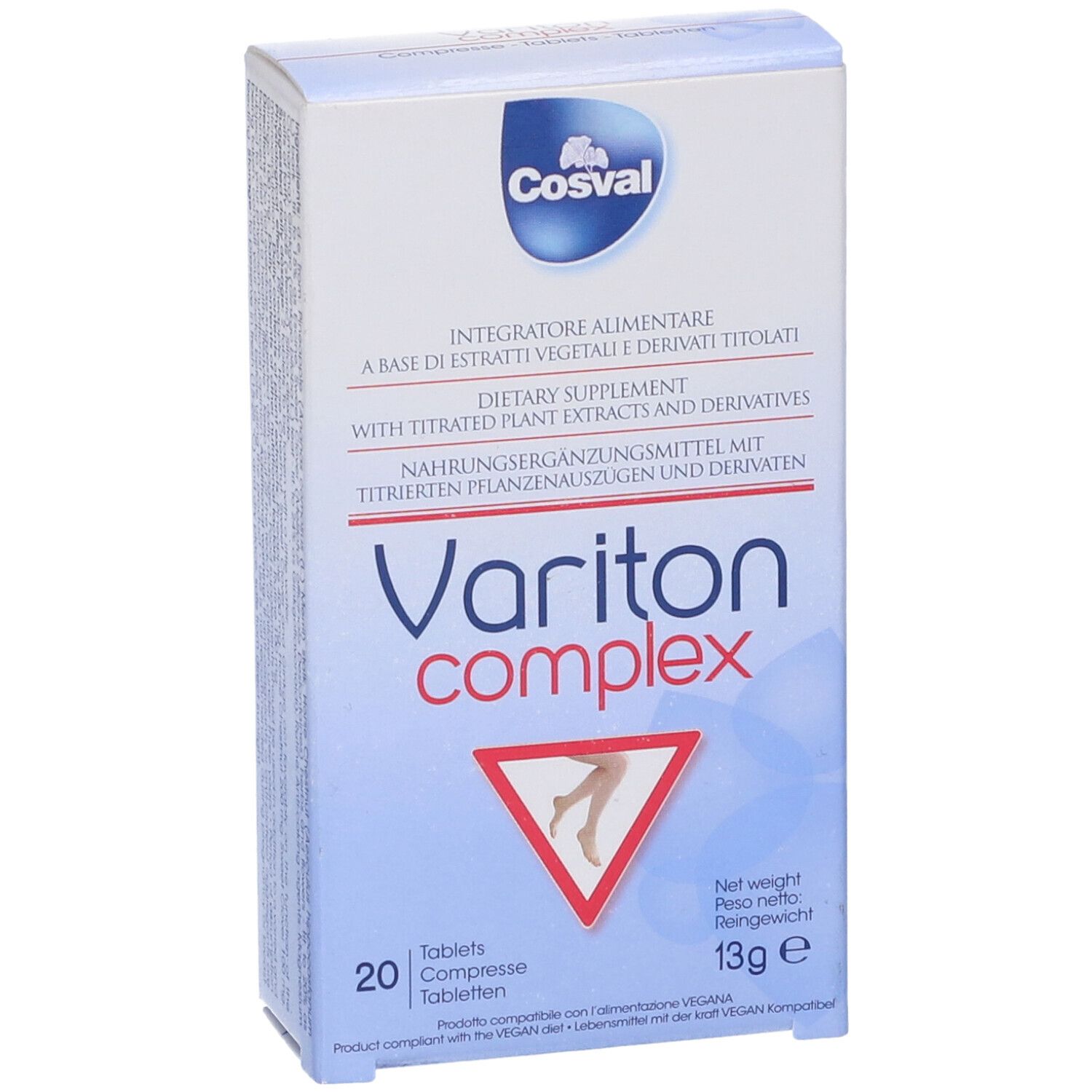 Scatola di Variton Complex 20 compresse. Scritta: Cosval, integratore alimentare. Immagine di gambe in un triangolo rosso.