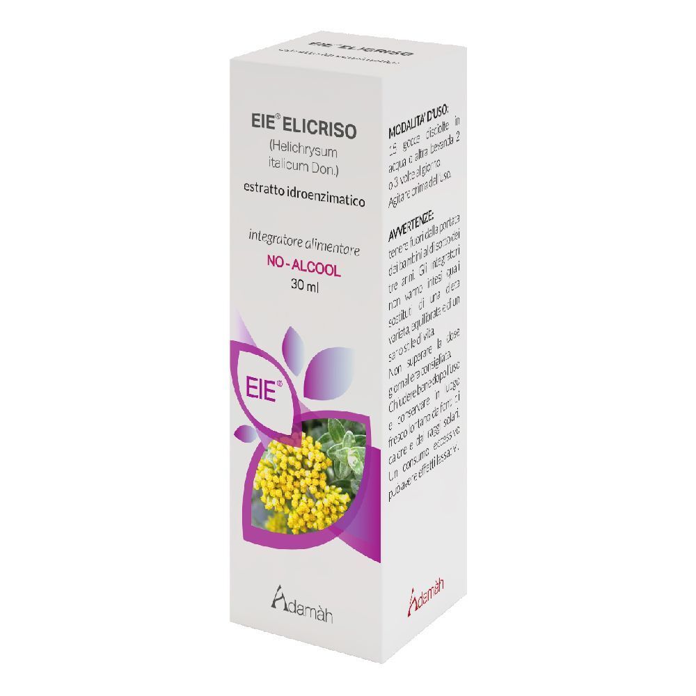 Scatola bianca con informazioni sul prodotto. Scritto: EIE Elicriso, 30 ml, NO-ALCOOL. Immagine di fiori gialli.