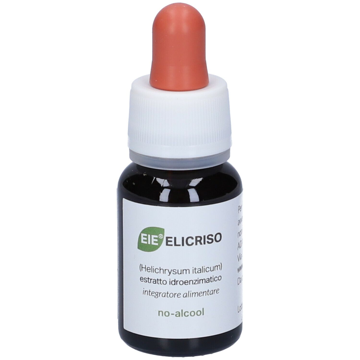 Flacone di vetro marrone con contagocce. Scritto: EIE Elicriso, Helichrysum italicum, Integratore alimentare, no-alcool.