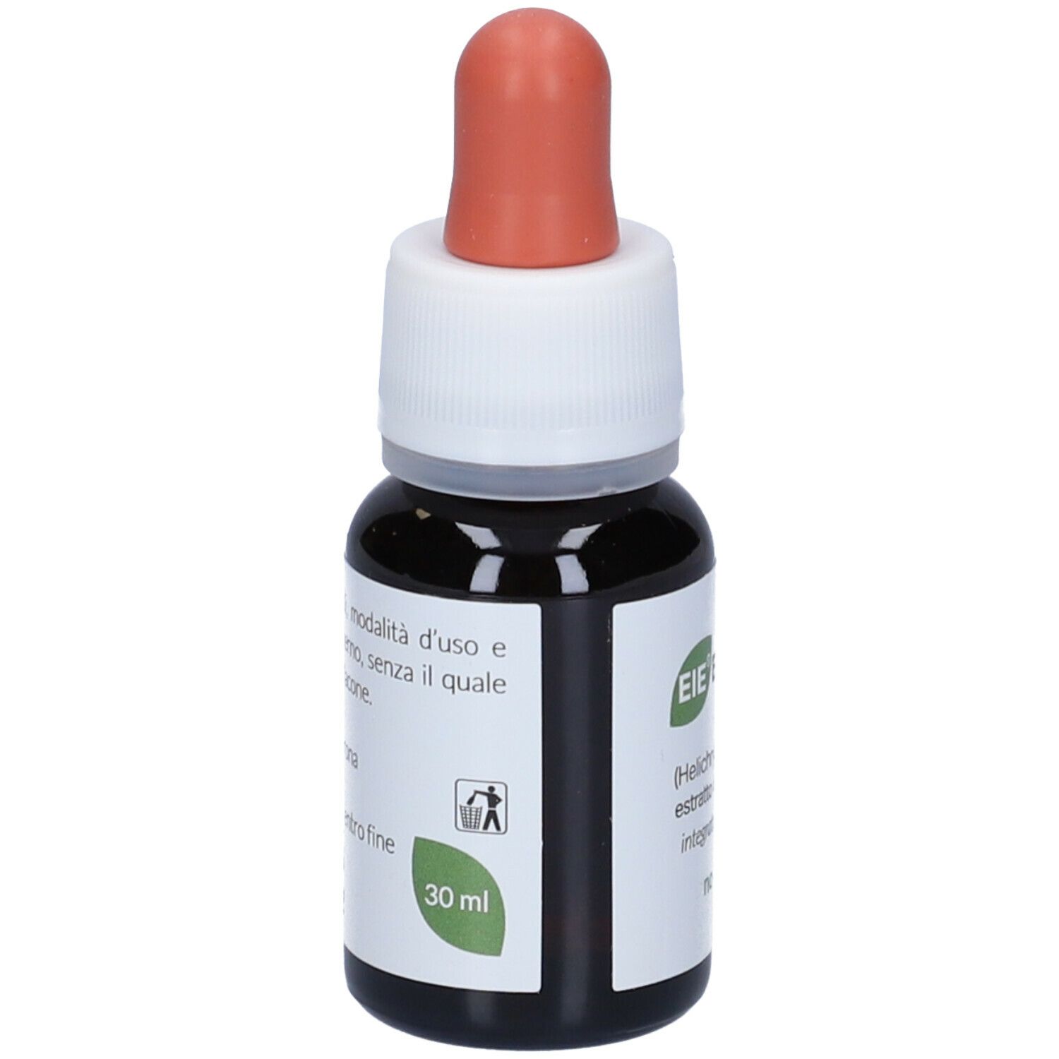 Flacone di vetro marrone con contagocce. Scritto: EIE Elicriso, 30 ml. Etichetta con informazioni e simbolo di riciclo.