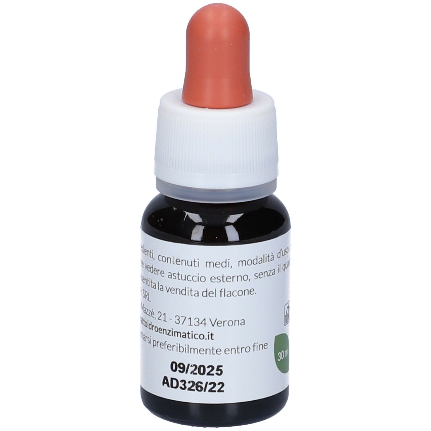 Flacone di vetro marrone con contagocce. Scritto: EIE Elicriso, 30 ml. Etichetta con data di scadenza e numero di lotto.
