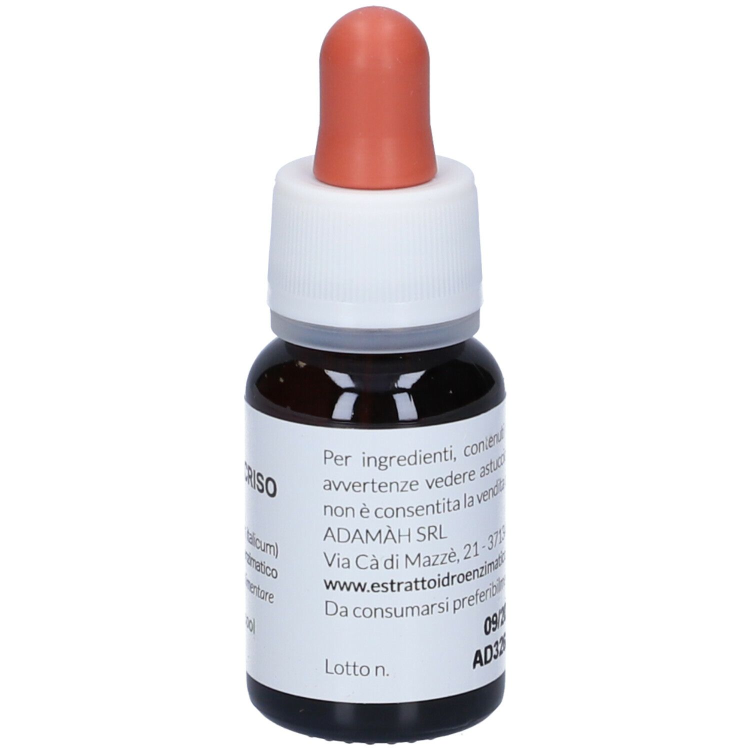 Flacone di vetro marrone con contagocce. Scritto: EIE Elicriso, 30 ml. Etichetta con indirizzo del produttore e data di scadenza.