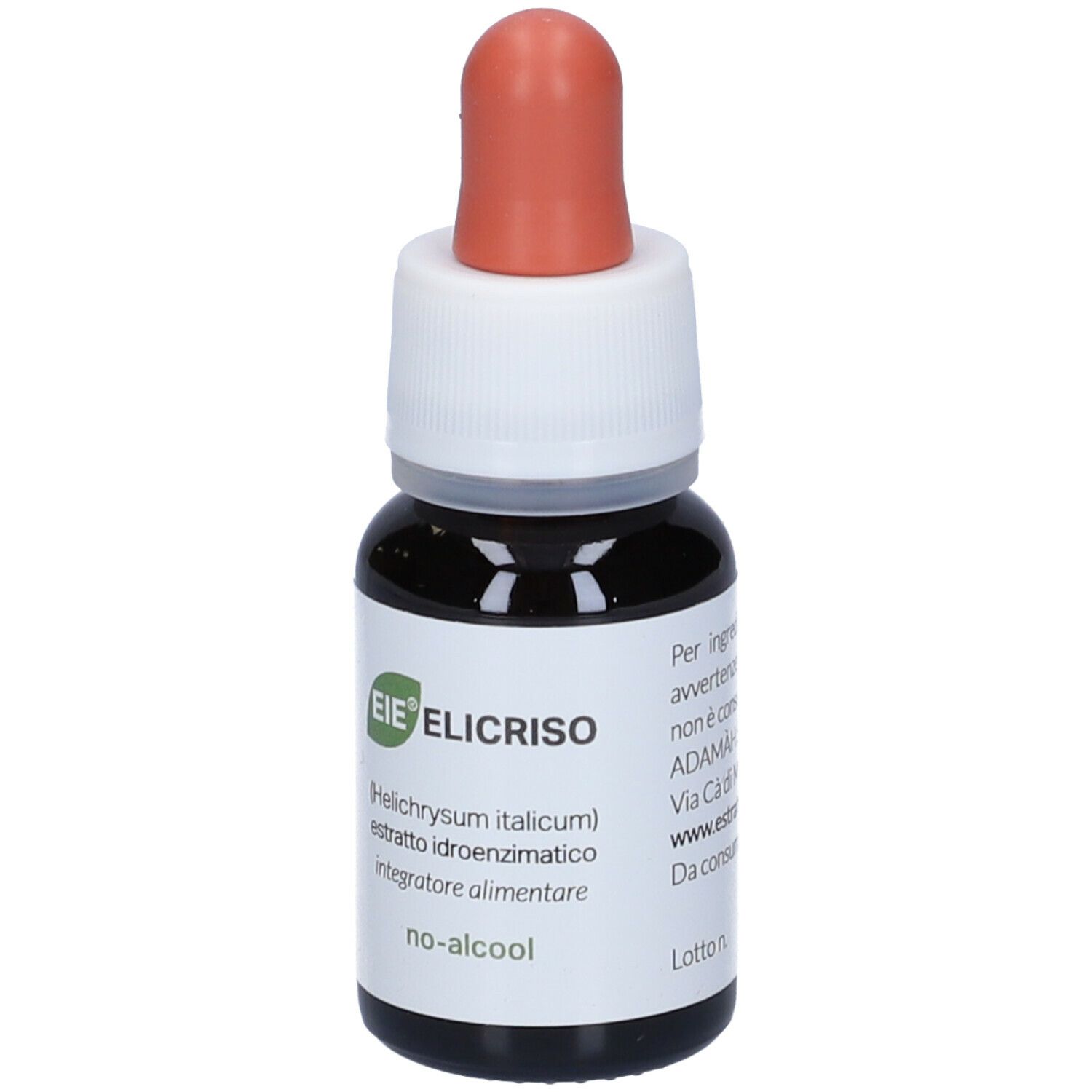 Flacone di vetro marrone con contagocce. Scritto: EIE Elicriso, 30 ml. Etichetta con informazioni del produttore.