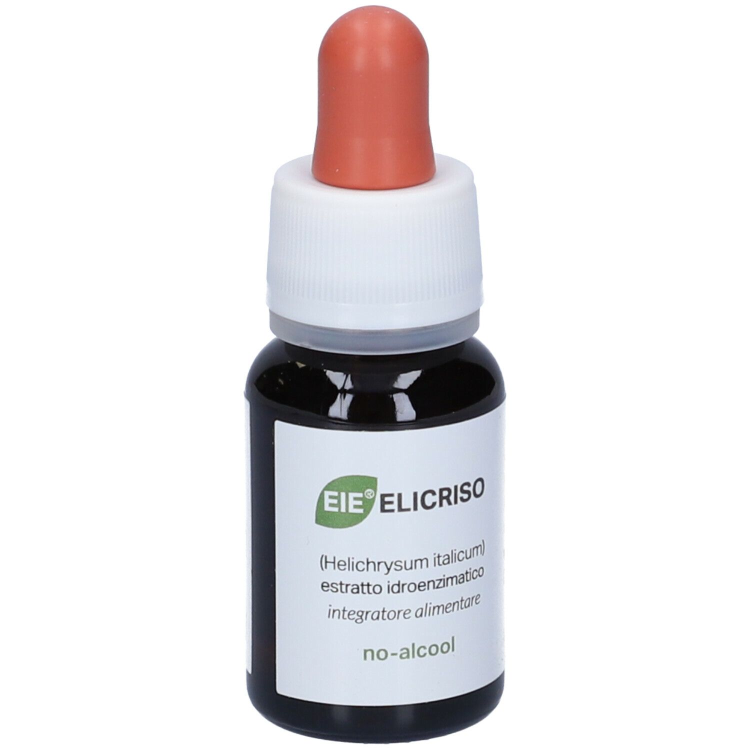 Flacone di vetro marrone con contagocce. Scritto: EIE Elicriso, 30 ml. Etichetta con informazioni sul prodotto.