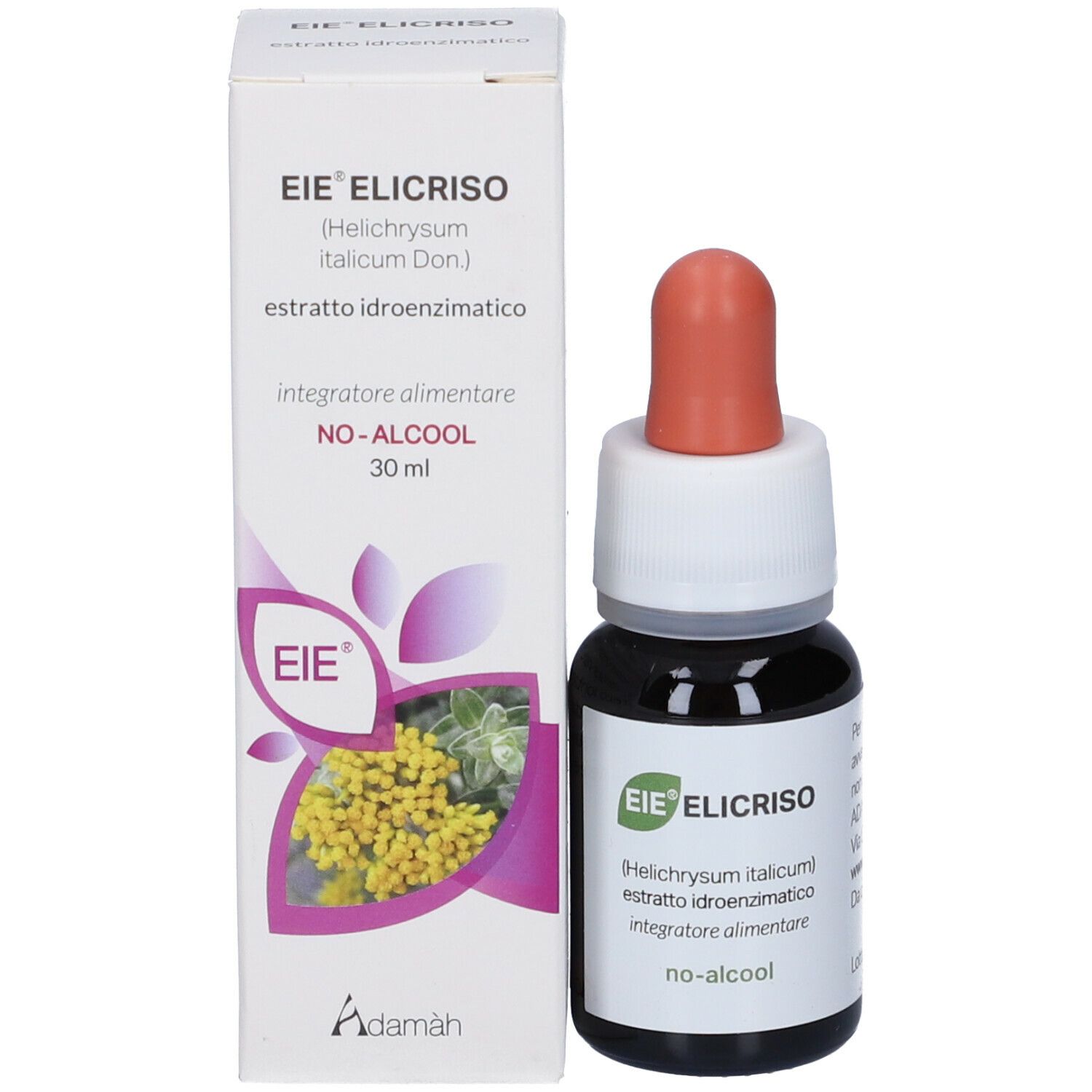 Confezione e flacone. Scatola bianca e flacone di vetro marrone con contagocce. Scritto: EIE Elicriso, 30 ml.