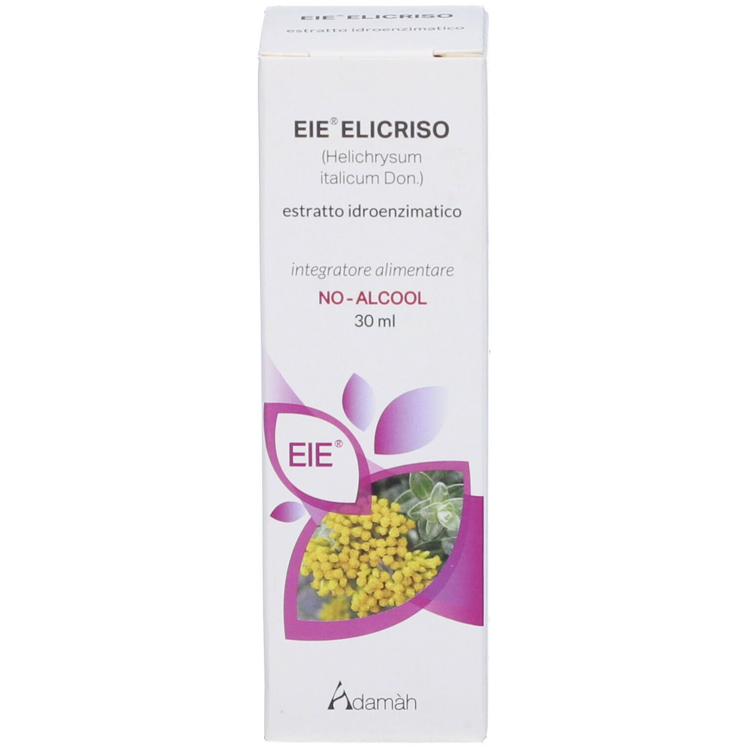 Scatola bianca con informazioni sul prodotto. Scritto: EIE Elicriso, 30 ml, NO-ALCOOL. Immagine di fiori gialli.