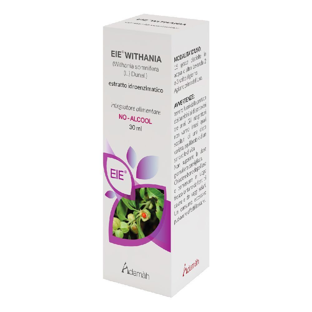 Scatola bianca con stampe. Scritta: EIE WITHANIA, 30 ml, NO-ALCOOL. Logo e illustrazione del prodotto.