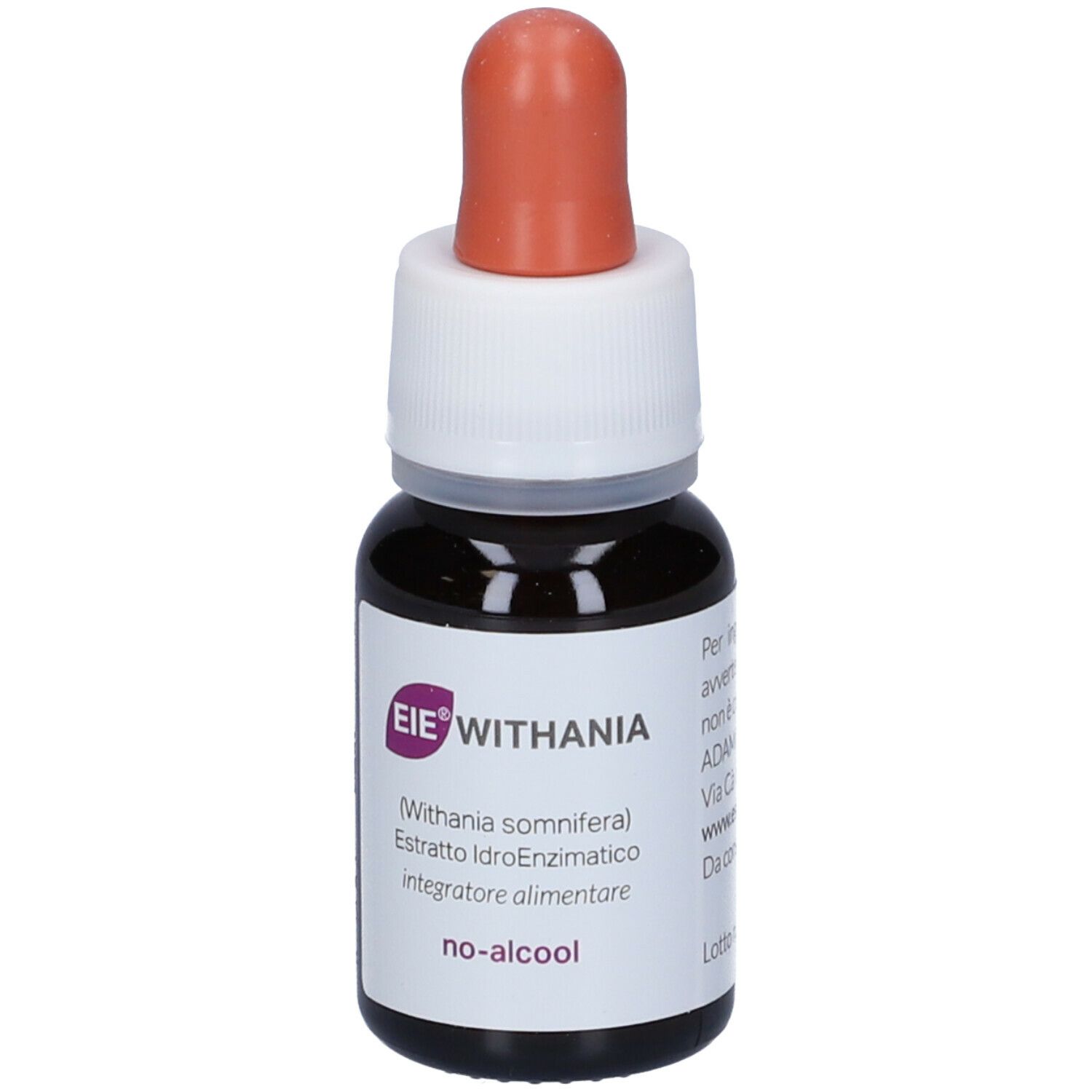 Flacone di vetro marrone con etichetta bianca e contagocce. Scritta: EIE WITHANIA, no-alcool. Contagocce arancione.
