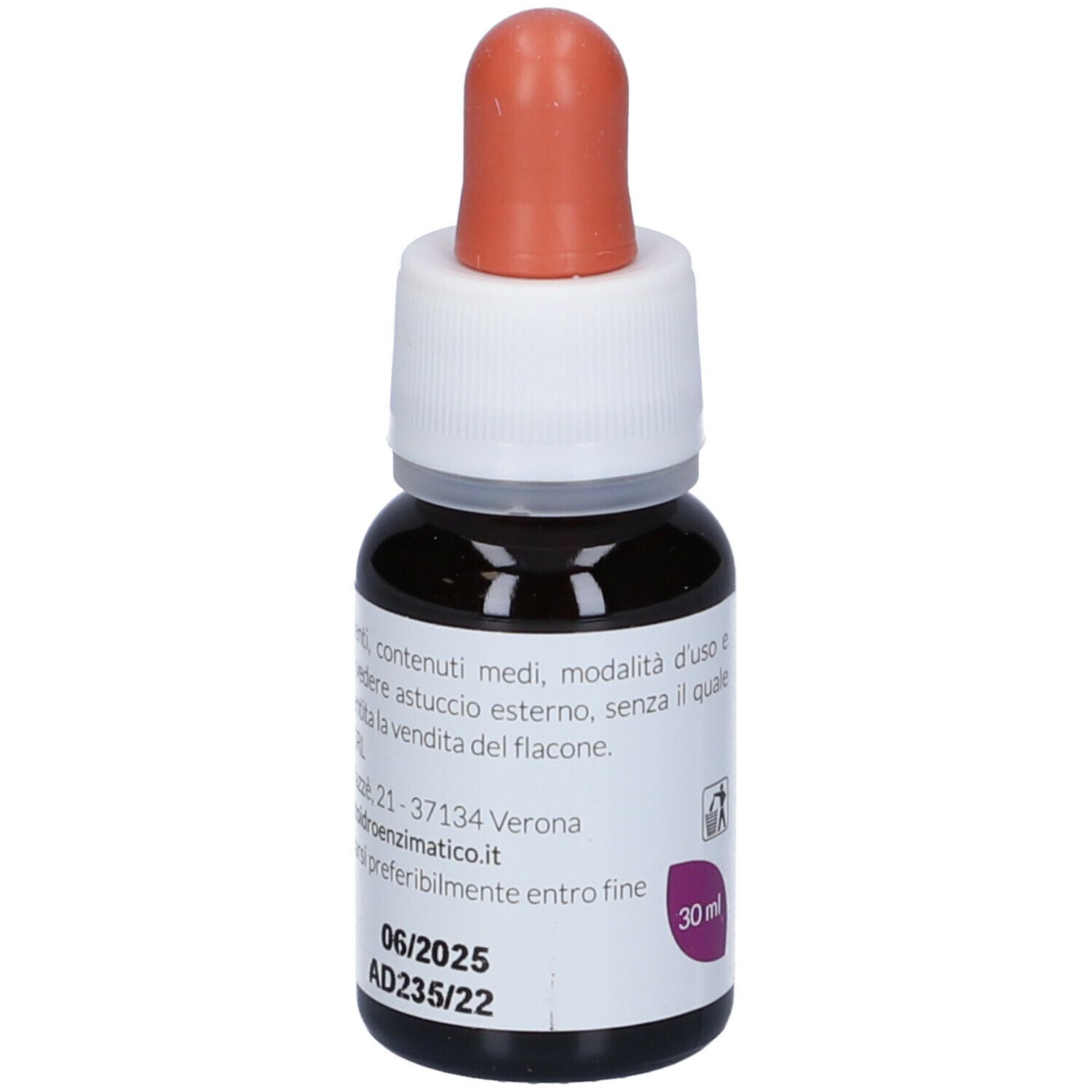 Flacone di vetro marrone con etichetta bianca e contagocce. Scritta: EIE WITHANIA, 30 ml, no-alcool. Contagocce arancione.