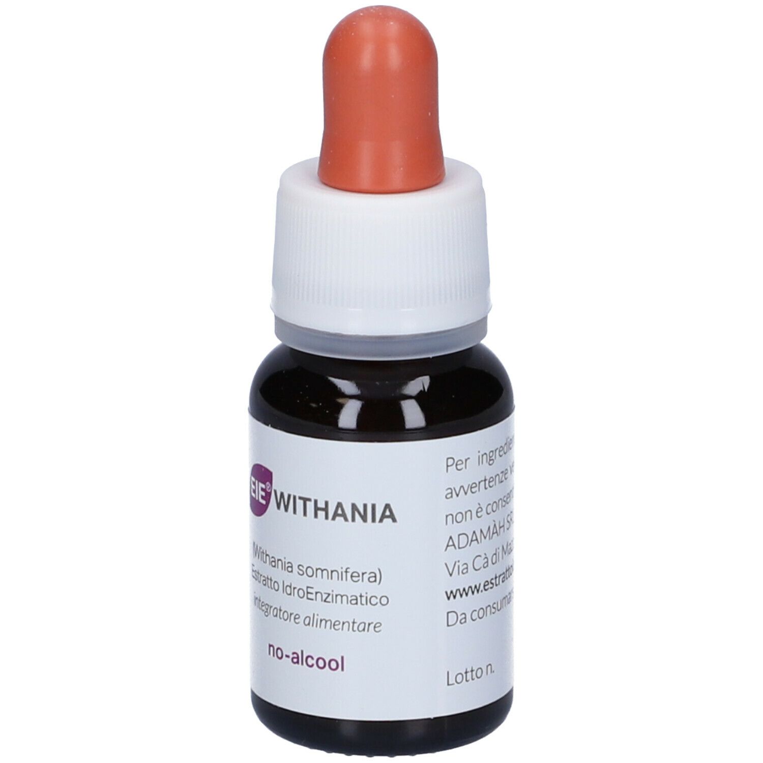 Flacone di vetro marrone con etichetta bianca e contagocce. Scritta: EIE WITHANIA, 30 ml, no-alcool. Contagocce arancione.
