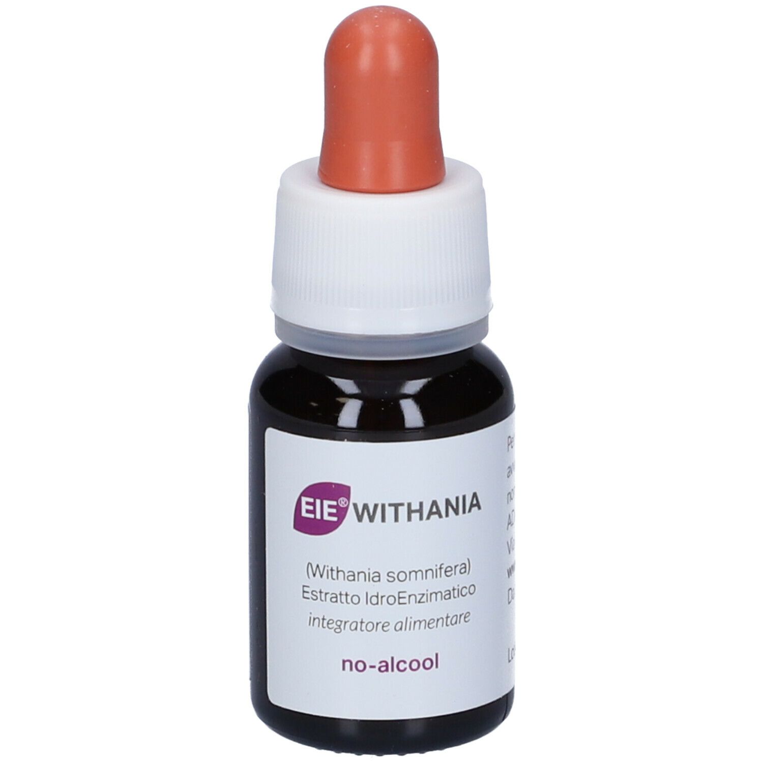 Flacone di vetro marrone con etichetta bianca e contagocce. Scritta: EIE WITHANIA, 30 ml, no-alcool. Contagocce arancione.