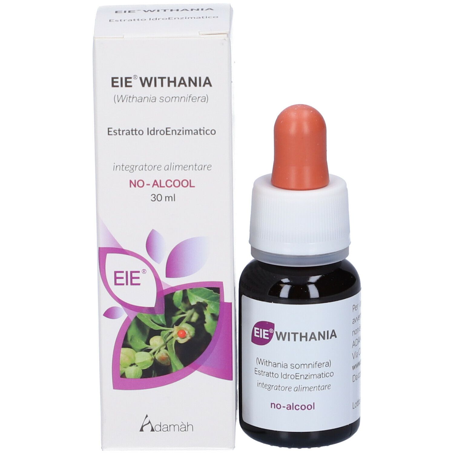 Flacone e confezione del prodotto. Flacone marrone con contagocce, etichetta bianca. Scritta: EIE WITHANIA, 30 ml, no-alcool.