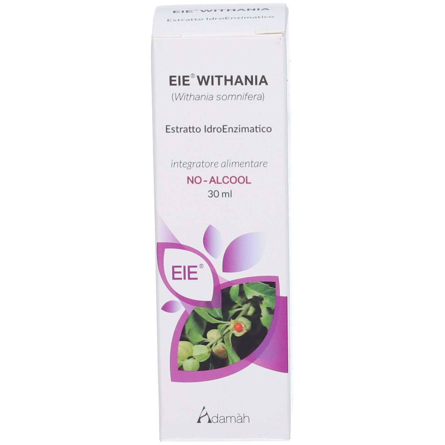 Scatola bianca con stampe. Scritta: EIE WITHANIA, 30 ml, NO-ALCOOL. Logo e illustrazione del prodotto.