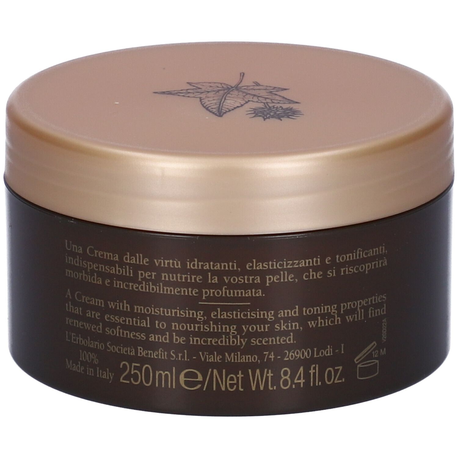 Brauner Cremebehälter mit goldenem Deckel. Aufschrift: Eigenschaften. 250 ml. Hergestellt in Italien.