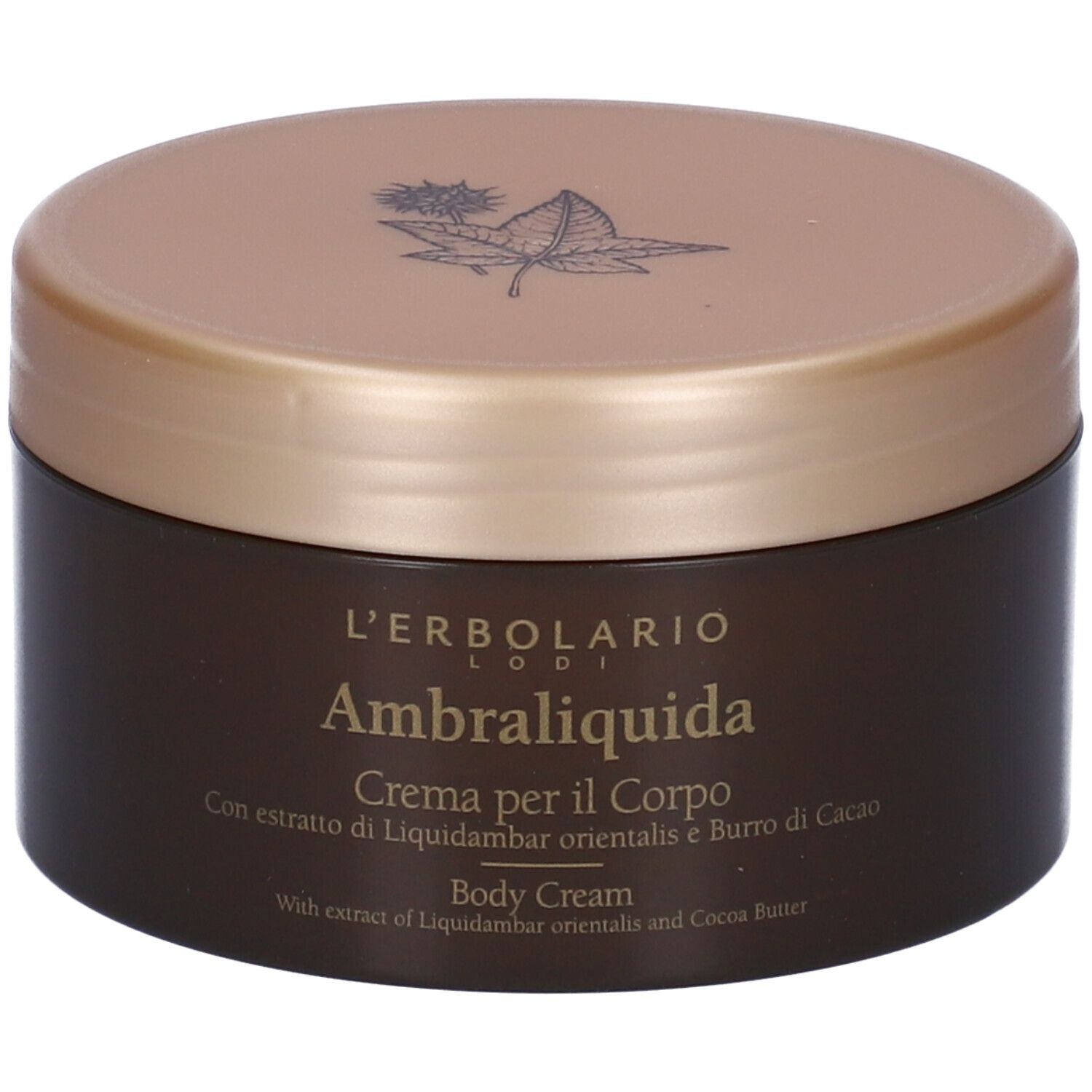 Brauner Cremebehälter mit goldenem Deckel. Aufschrift: Ambraliquida Crema per il Corpo. Body Cream.