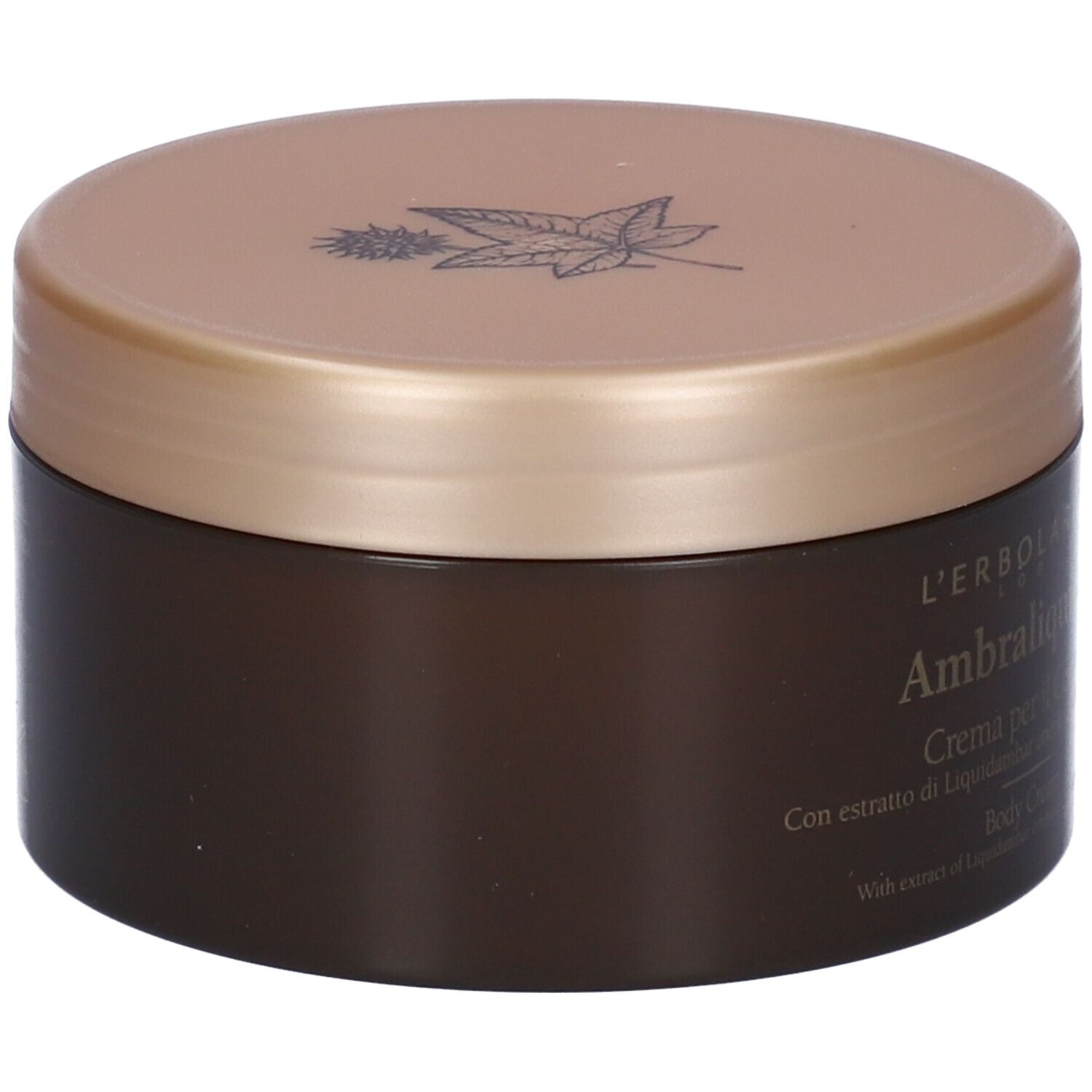 Brauner Cremebehälter mit goldenem Deckel. Aufschrift: Ambraliquida Crema per il Corpo. Body Cream.