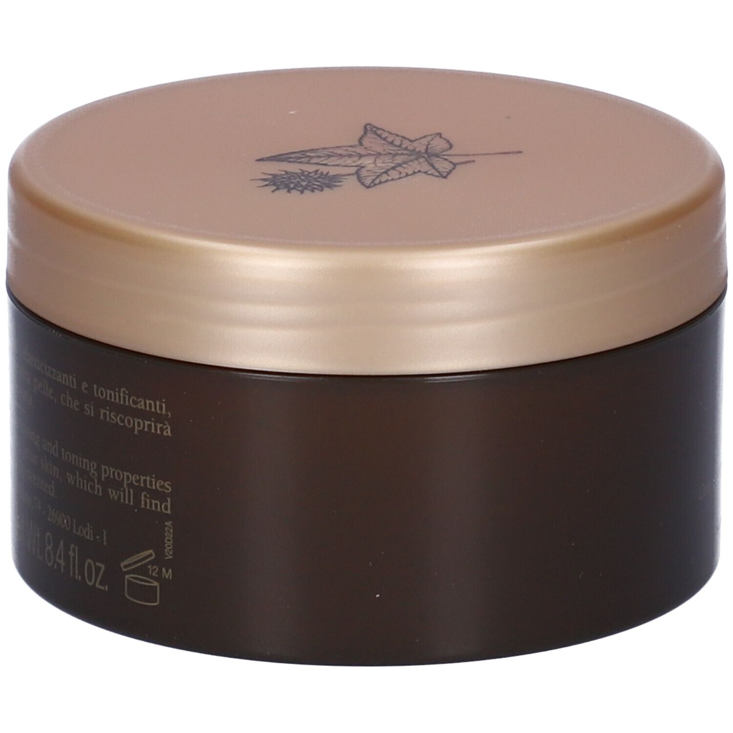 Brauner Cremebehälter mit goldenem Deckel. Aufschrift: Eigenschaften. 250 ml. Hergestellt in Italien.