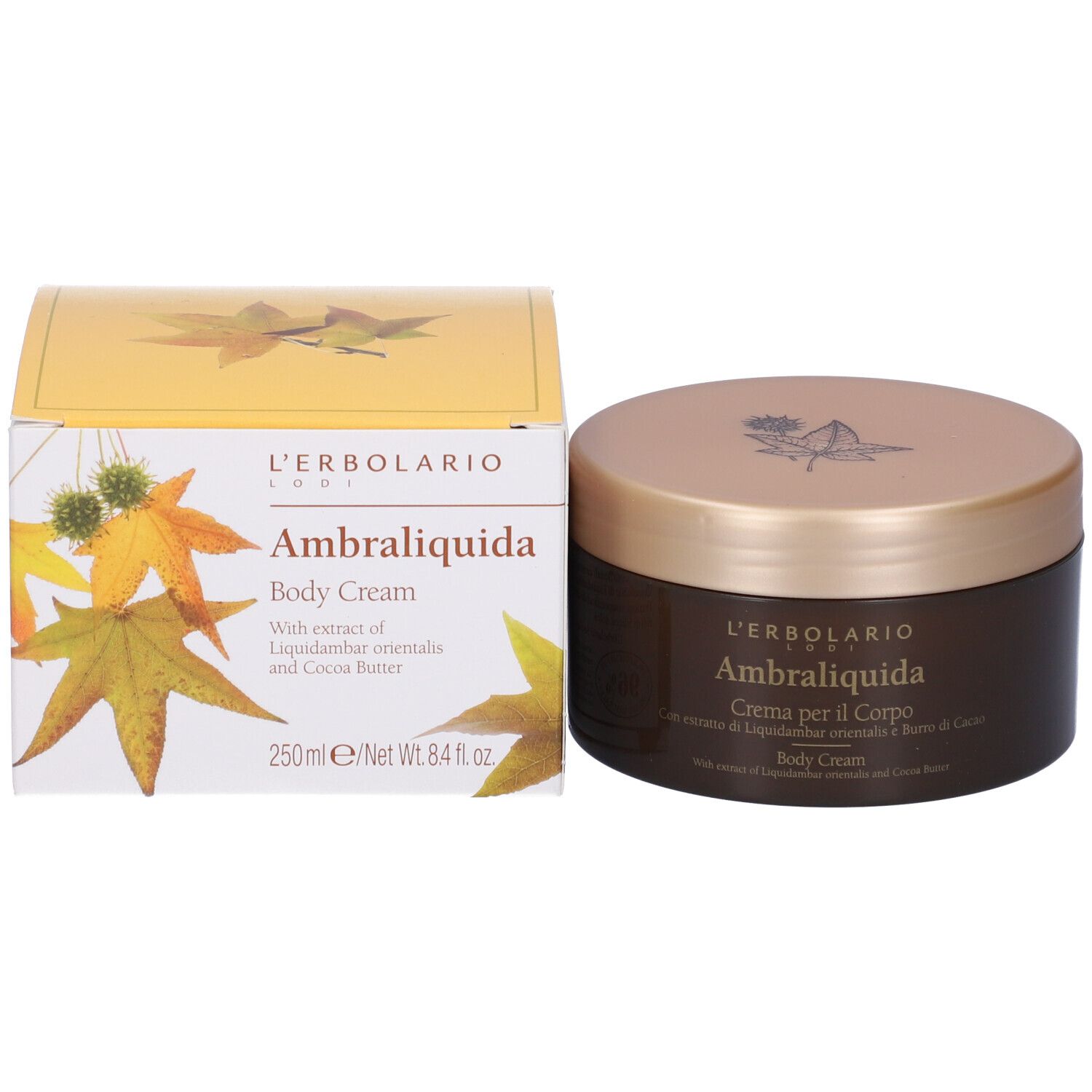 Cremebehälter und Verpackung. Aufschrift: Ambraliquida Body Cream. Mit Blättern und Früchten dekoriert.
