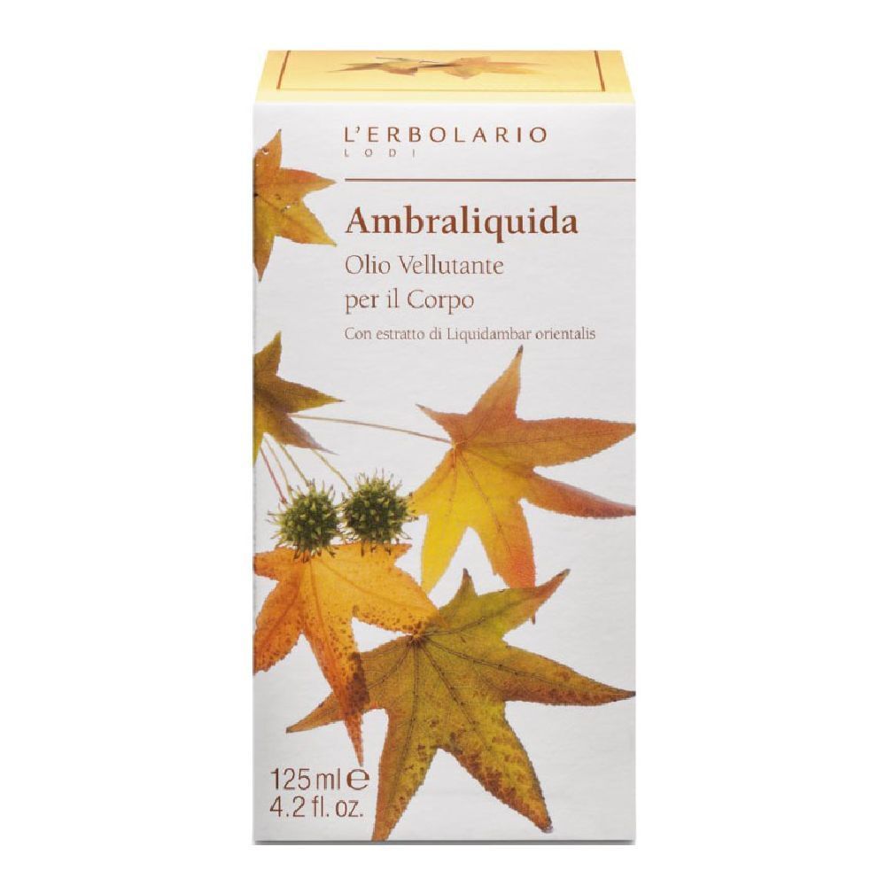 Scatola con stampa del prodotto. Scritta: Ambraliquida, Olio Vellutante per il Corpo. 125 ml.