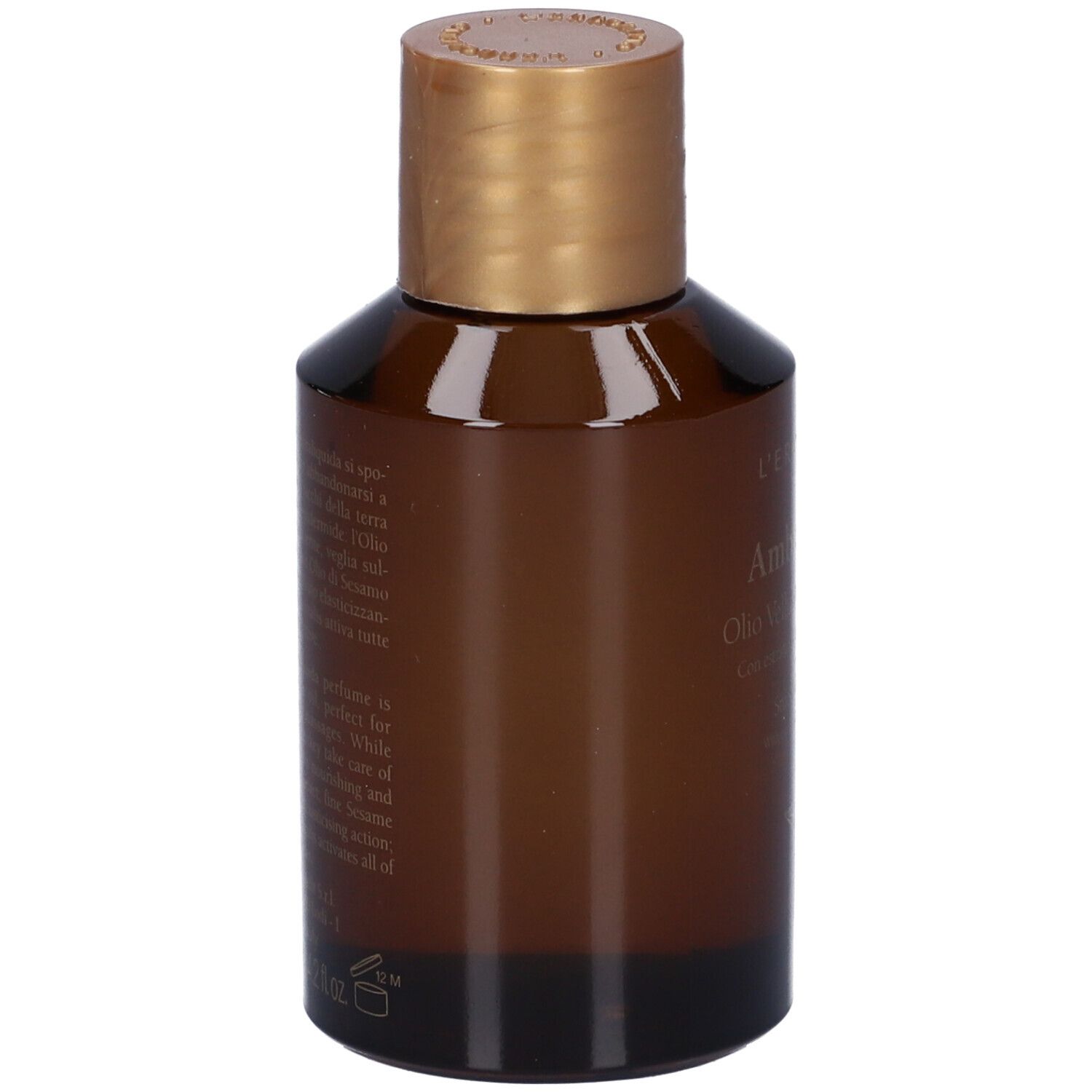 Flacone di vetro marrone con tappo dorato. Scritta: Ambraliquida, Olio Vellutante per il Corpo.