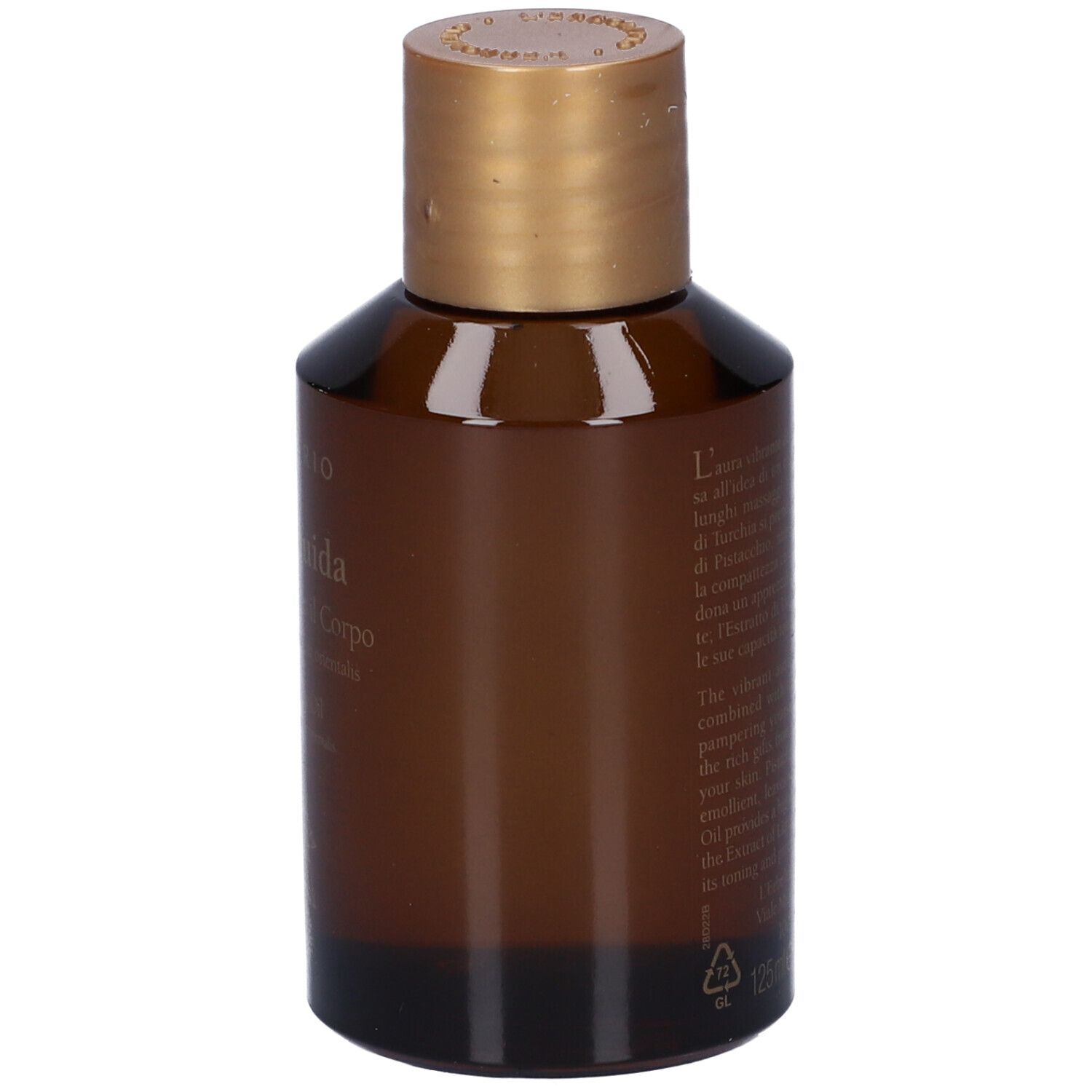 Flacone di vetro marrone con tappo dorato. Scritta: Ambraliquida, Olio Vellutante per il Corpo.