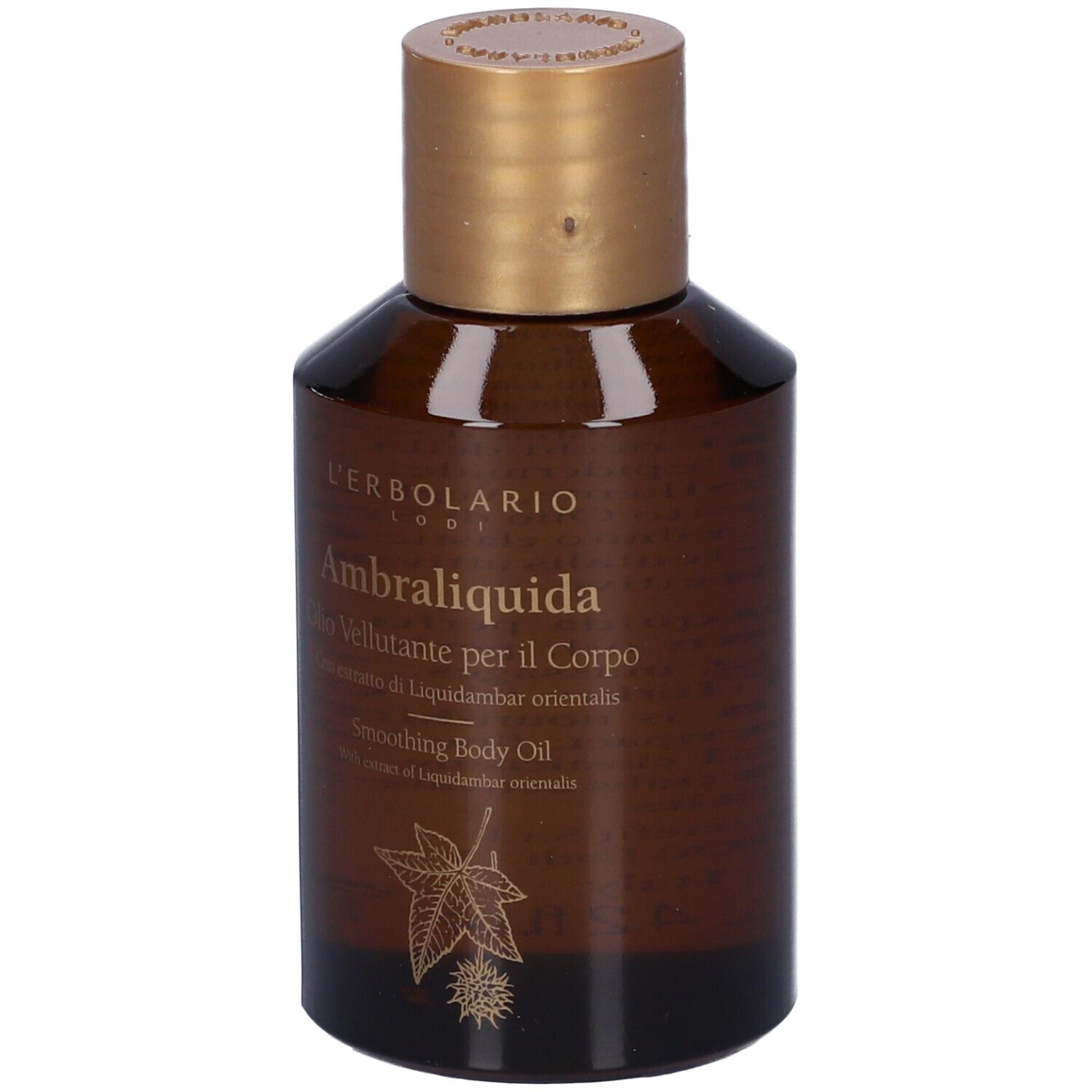 Flacone di vetro marrone con tappo dorato. Scritta: Ambraliquida, Olio Vellutante per il Corpo.