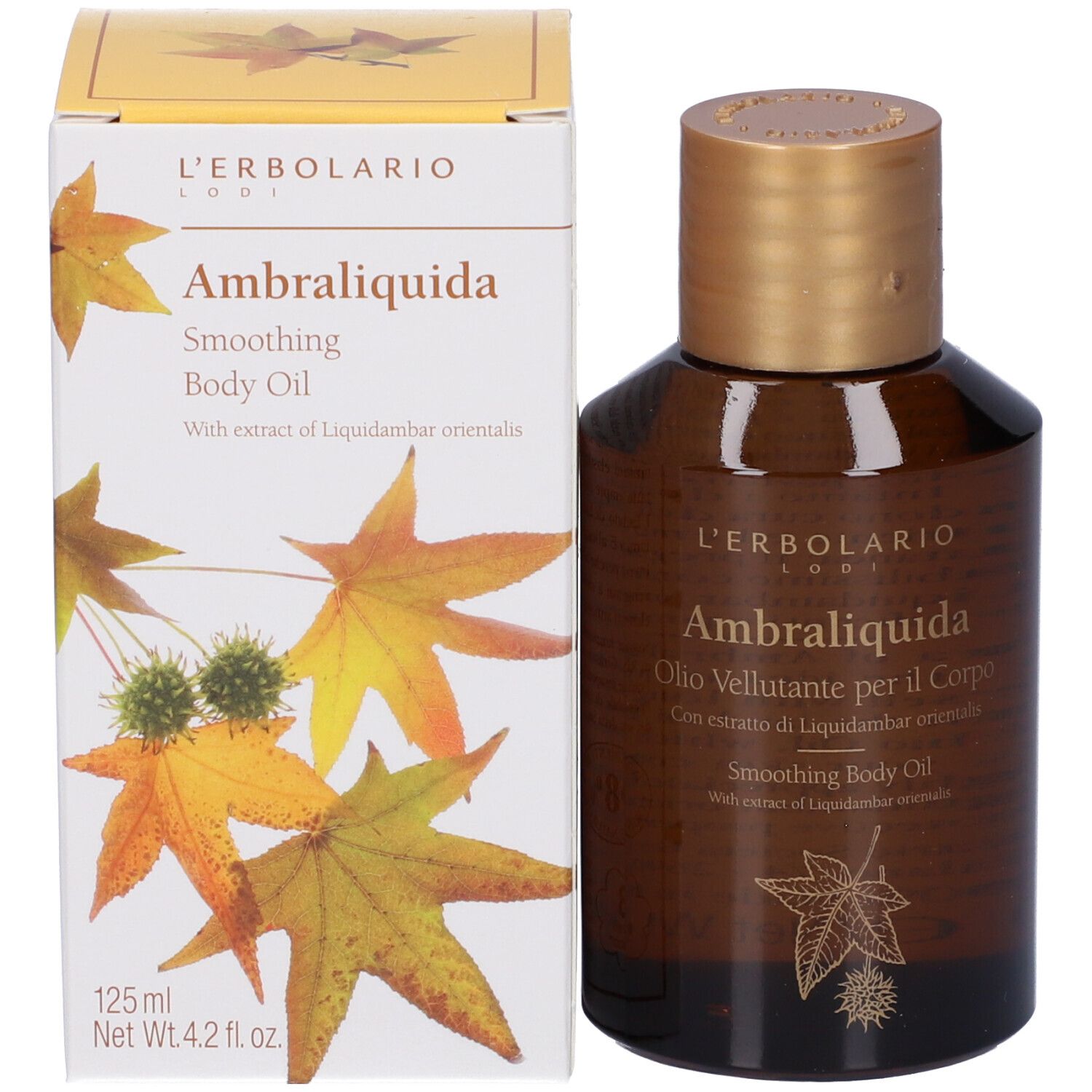 Flacone e confezione del prodotto. Scritta: Ambraliquida, Smoothing Body Oil. 125 ml.