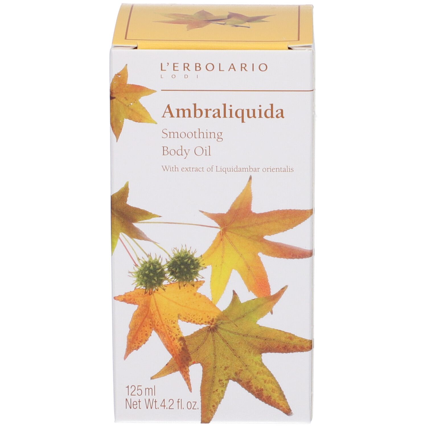 Confezione del prodotto. Scritta: Ambraliquida, Smoothing Body Oil. 125 ml.