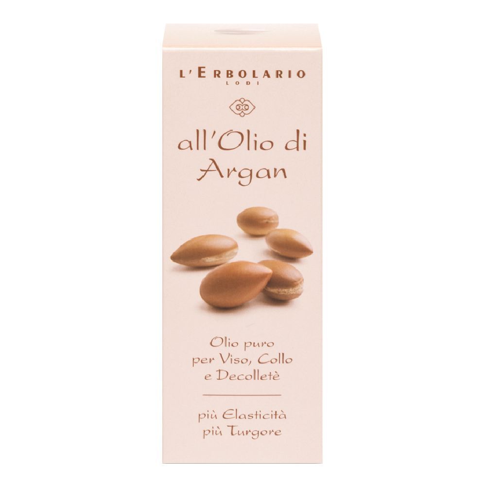 Confezione beige con nome prodotto e semi di Argan. Testo: Olio puro per Viso, Collo e Decolletè.