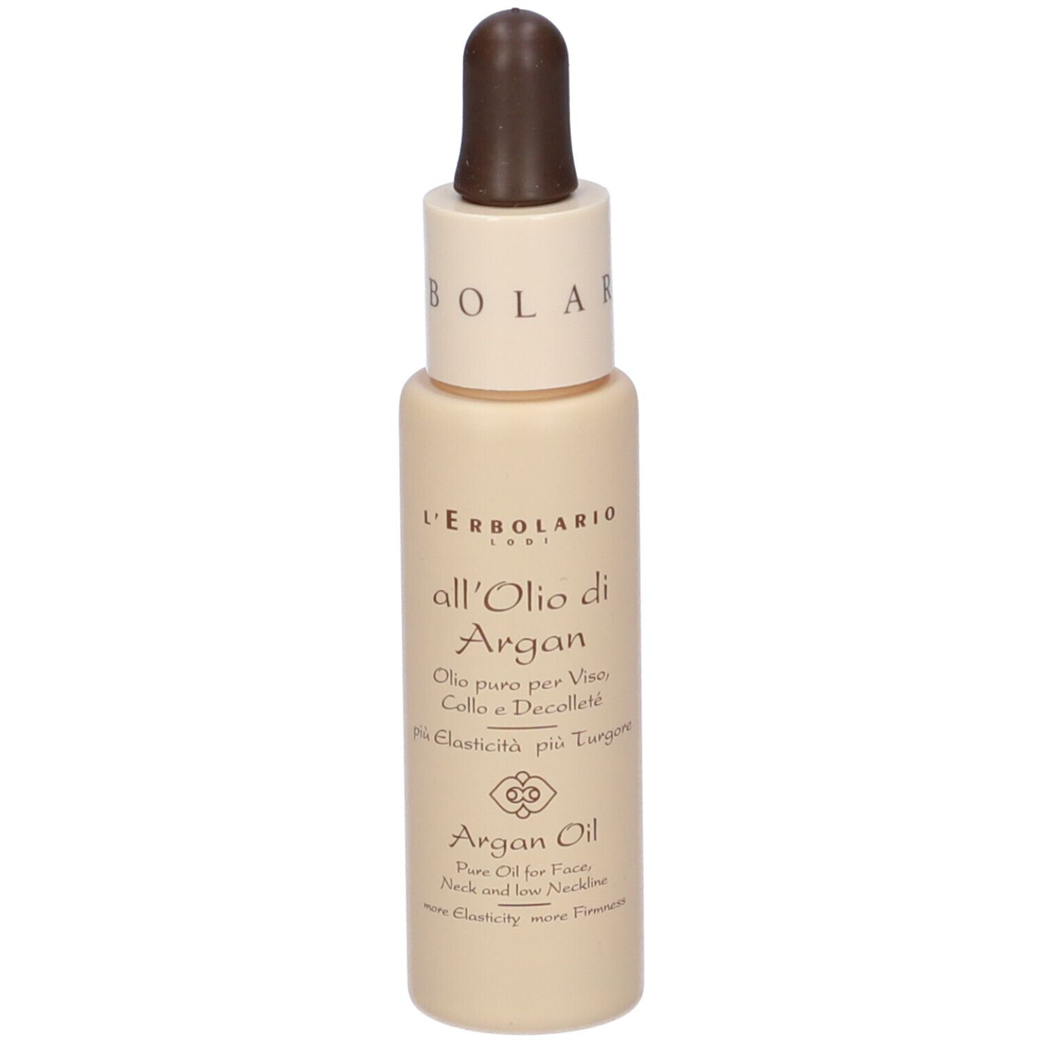 Flacone beige con contagocce marrone. Scritta: all'Olio di Argan, Olio puro per Viso, Collo e Decolletè.