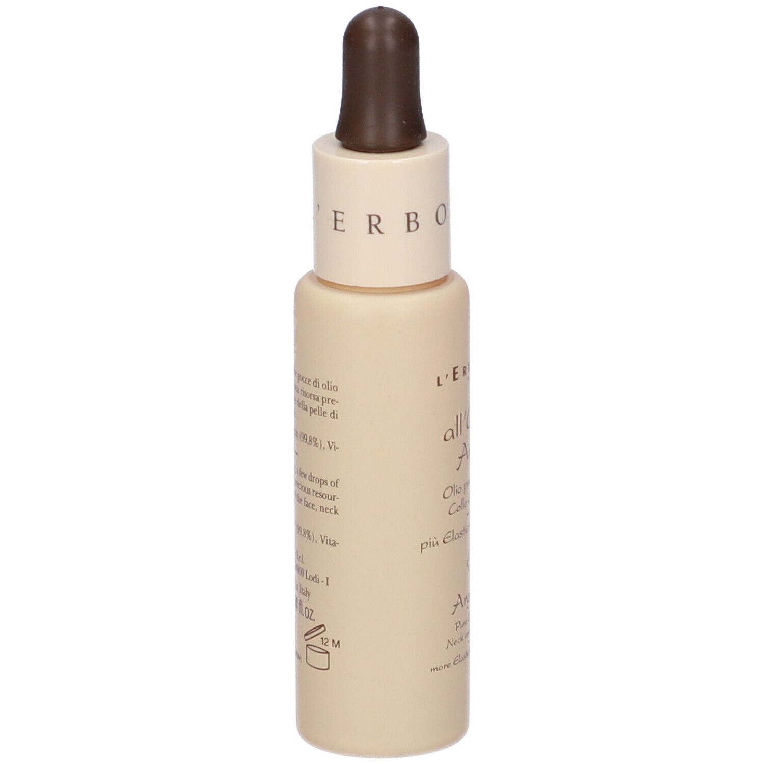 Flacone beige con contagocce marrone. Scritta: all'Olio di Argan, Olio puro per Viso, Collo e Decolletè. Testo.