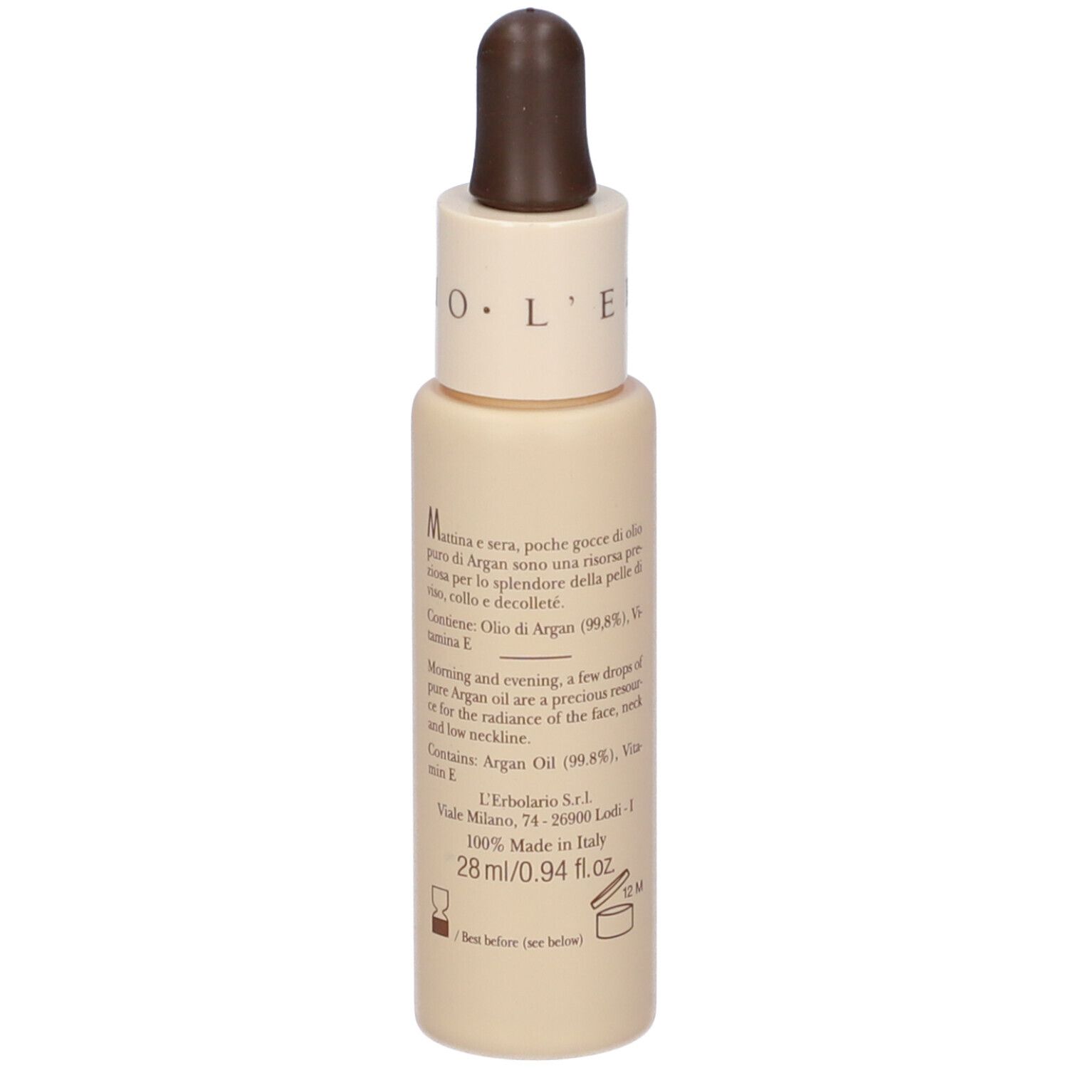 Flacone beige con contagocce marrone. Scritta: all'Olio di Argan, Olio puro per Viso, Collo e Decolletè. Testo.