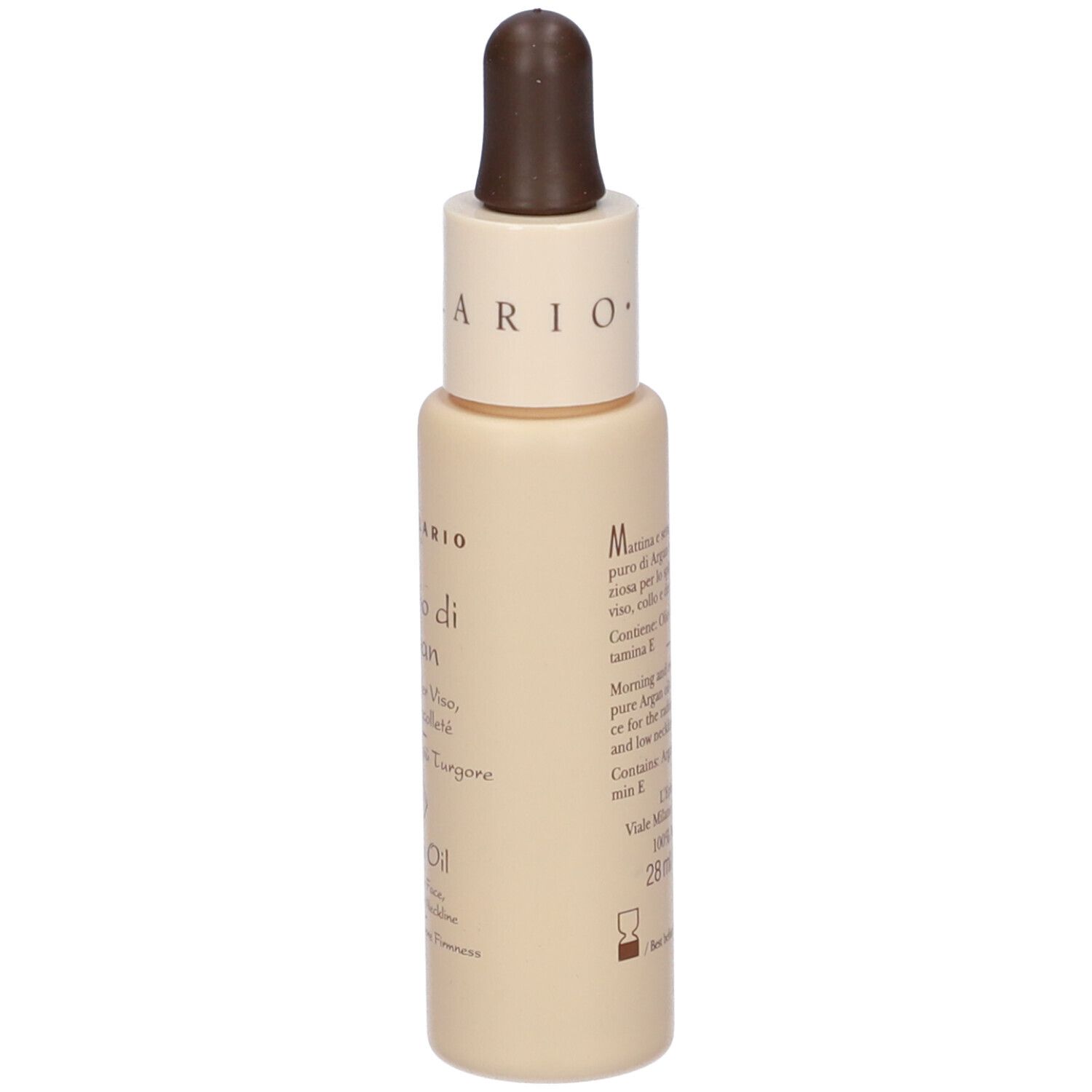 Flacone beige con contagocce marrone. Scritta: all'Olio di Argan, Olio puro per Viso, Collo e Decolletè. Testo.