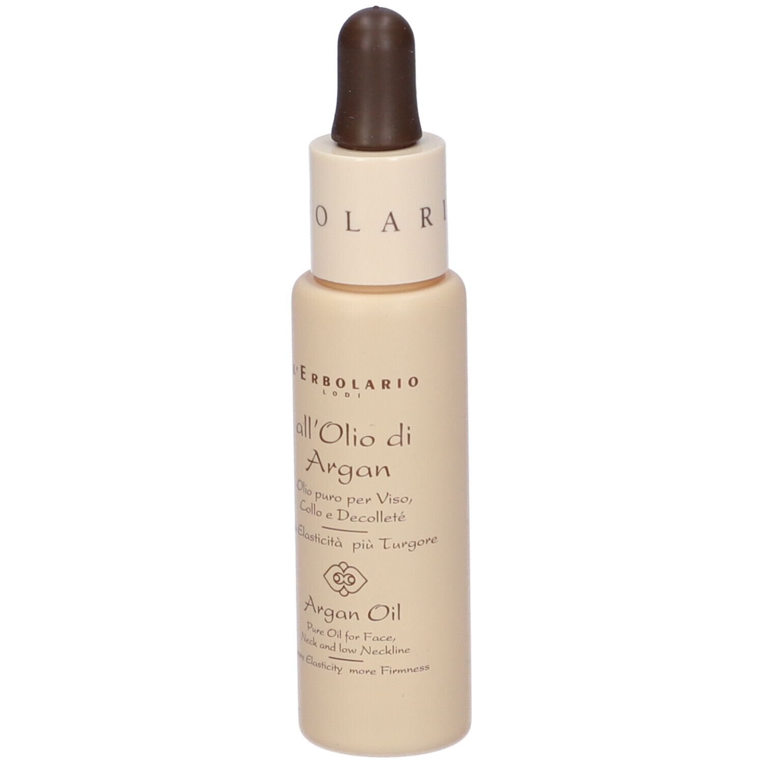 Flacone beige con contagocce marrone. Scritta: all'Olio di Argan, Olio puro per Viso, Collo e Decolletè. Testo.