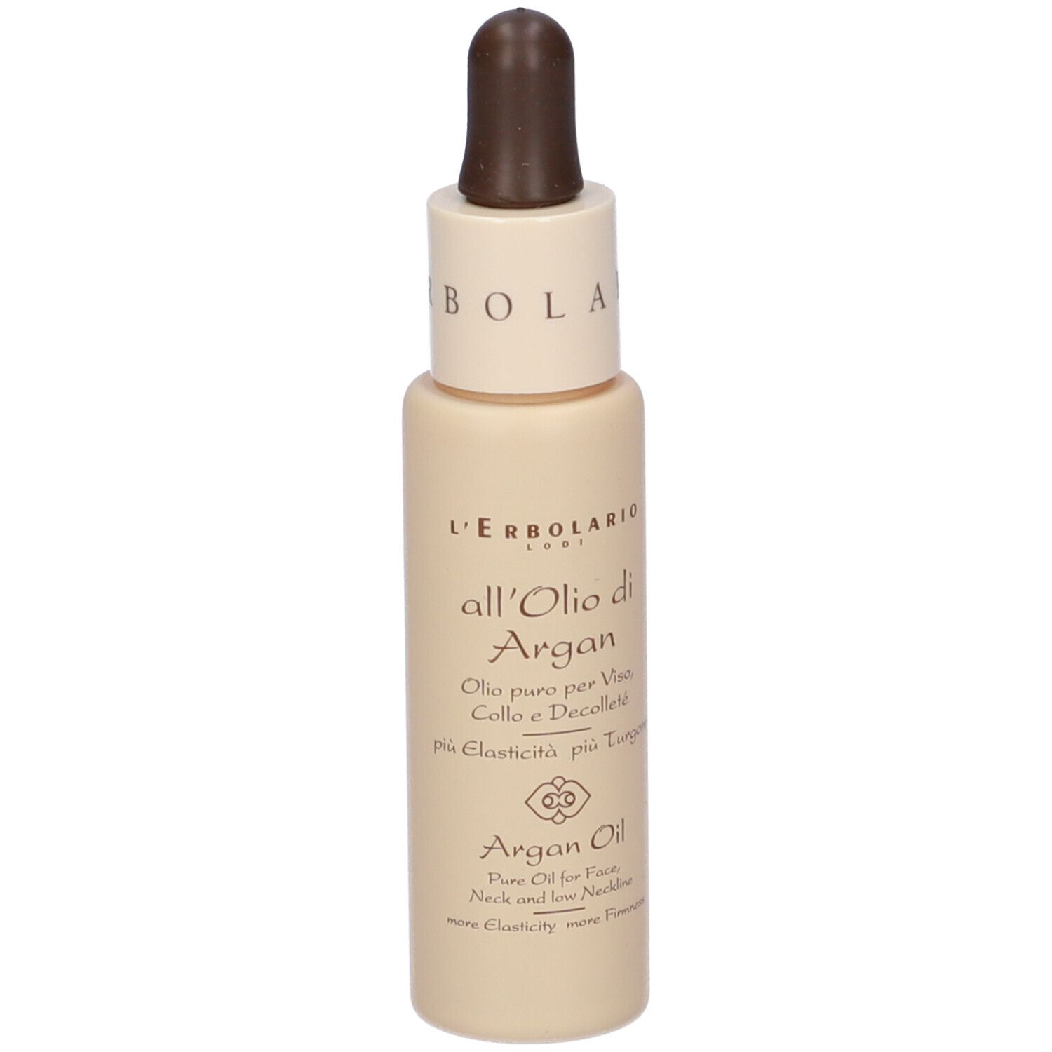 Flacone beige con contagocce marrone. Scritta: all'Olio di Argan, Olio puro per Viso, Collo e Decolletè. Testo.