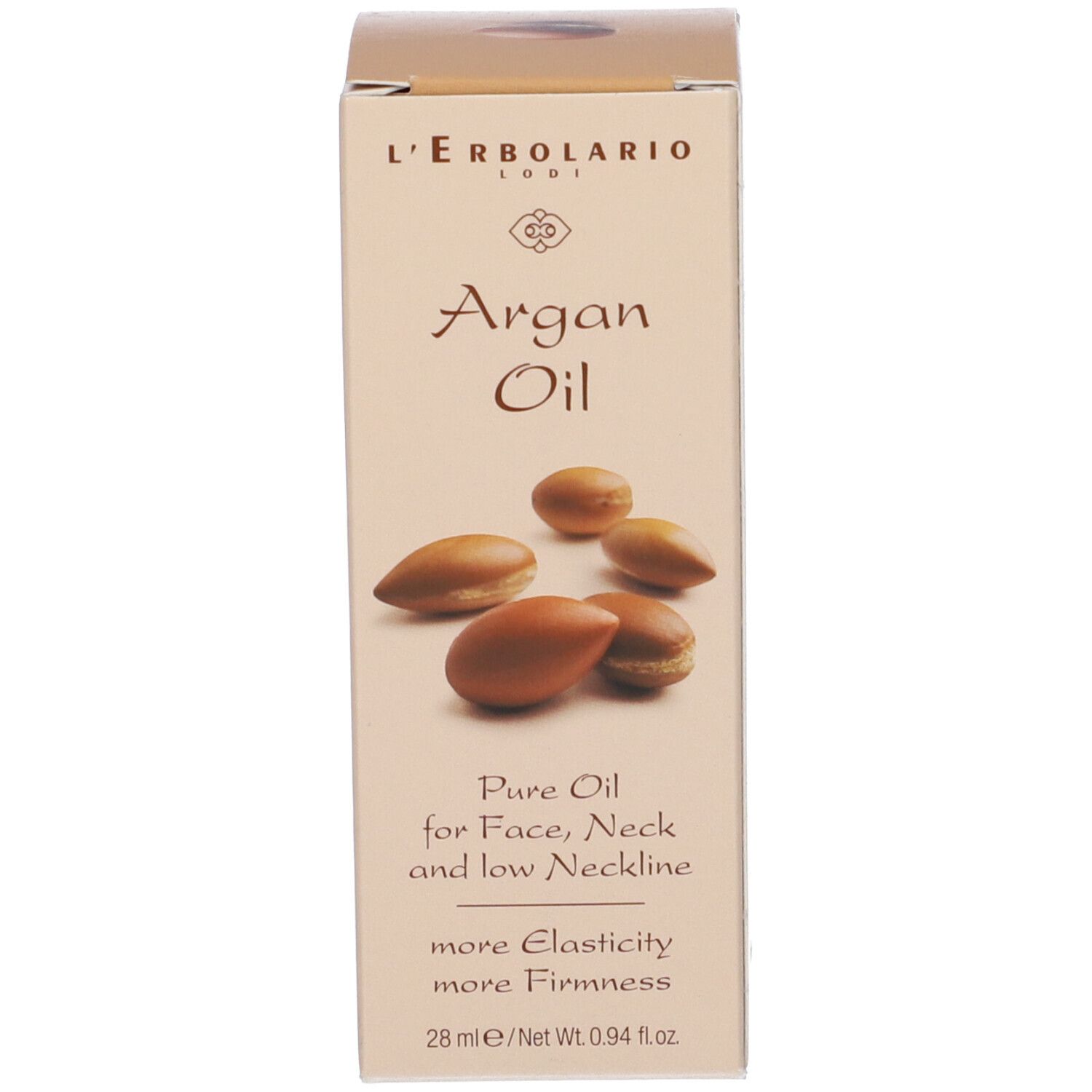 Confezione beige con semi di Argan. Testo: Argan Oil, Pure Oil for Face, Neck and low Neckline.