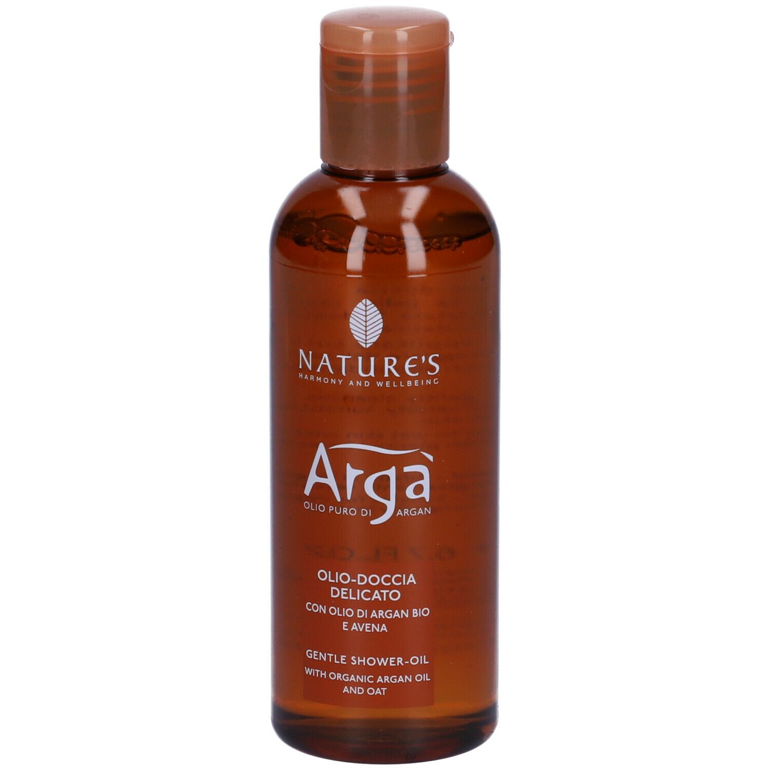Flacone marrone con tappo marrone. Scritta: NATURE'S, Argà, Olio-doccia Delicato. Con olio di argan e avena.