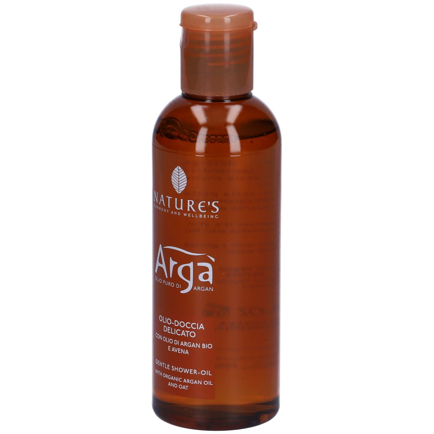 Flacone marrone con tappo marrone. Scritta: NATURE'S, Argà, Olio-doccia Delicato. Con olio di argan e avena.