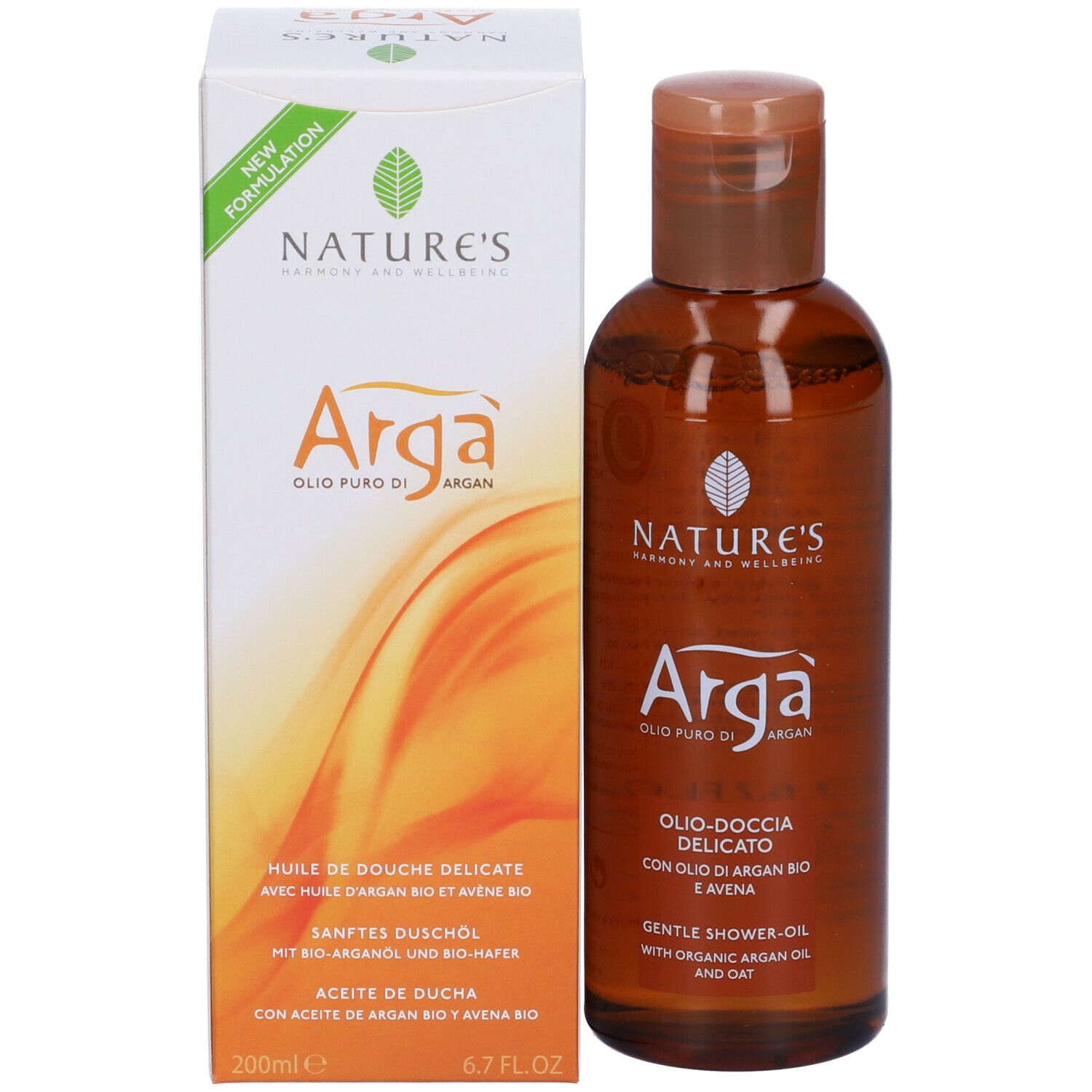 Confezione del prodotto con flacone. Scritta: NATURE'S, Argà, Olio-doccia Delicato. Con olio di argan e avena. 200ml, 6.7 FL.OZ.